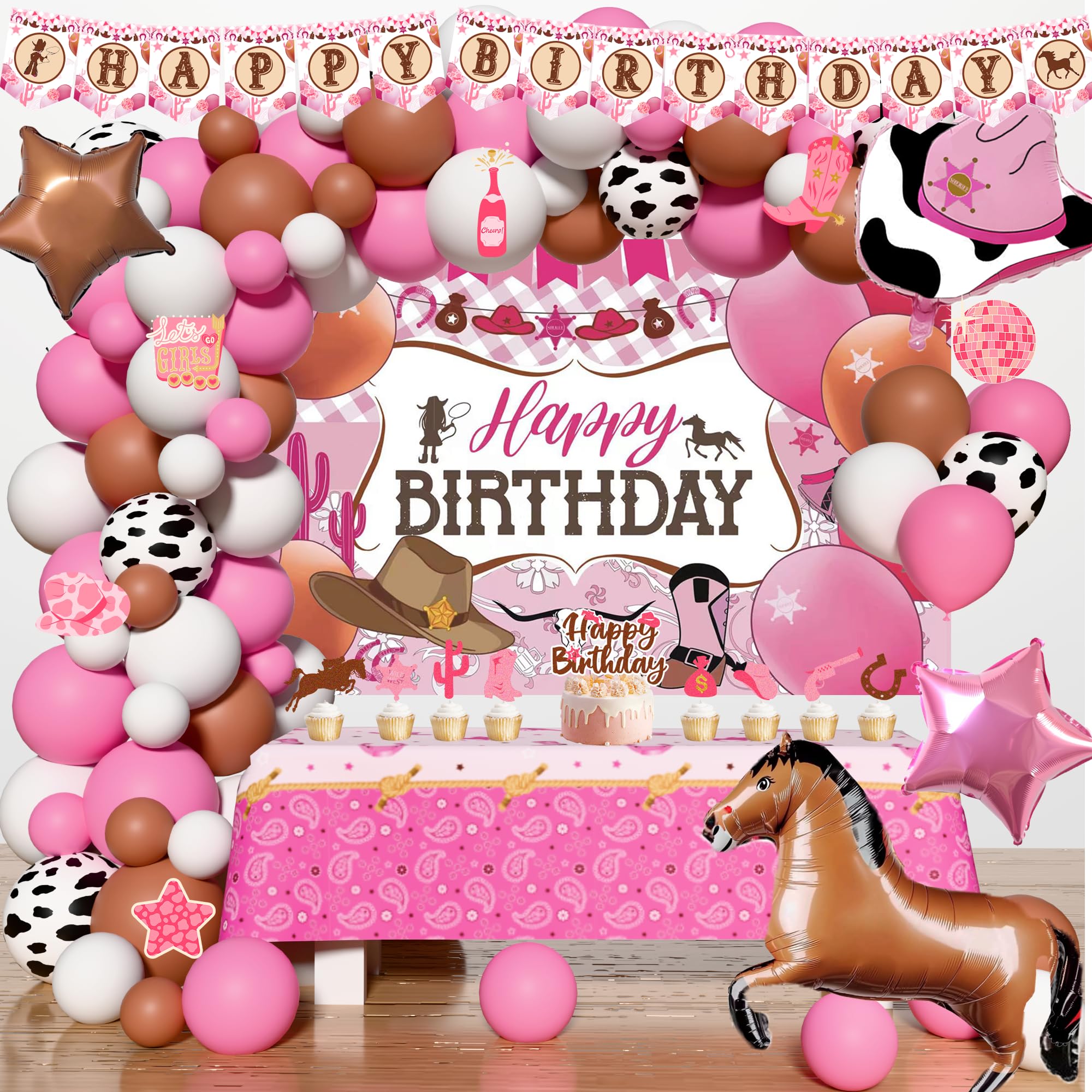 137pcs Western Cowgirl Birthday Party Decorations Wild Western Cowgirl Party Supplies Retro Horse Rodeo Balloon Garland Kit Banner Cake Cupcake