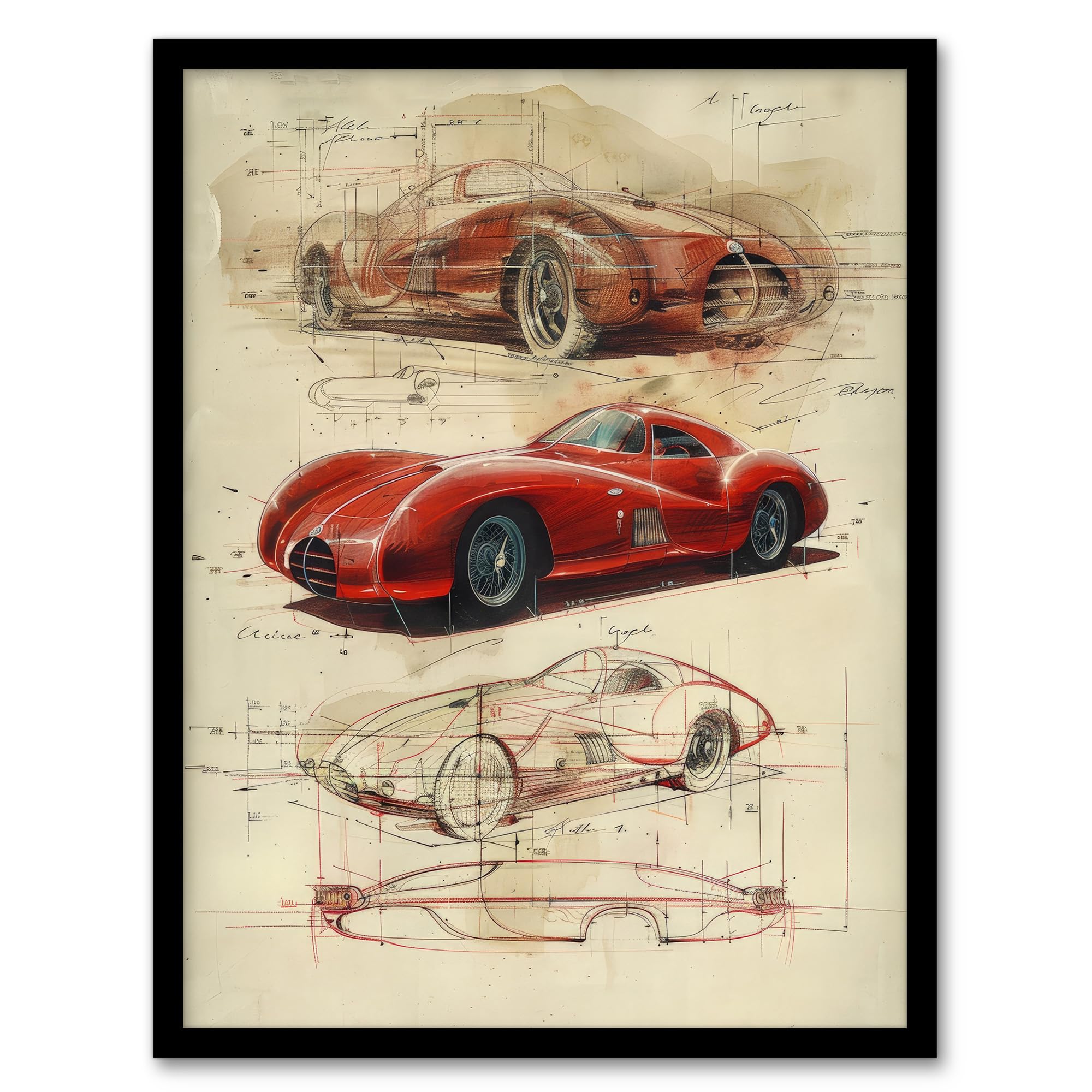 B&Q -  Red Sports Car Design Sketch Drawing Poster Wall Art PrintA4 Size