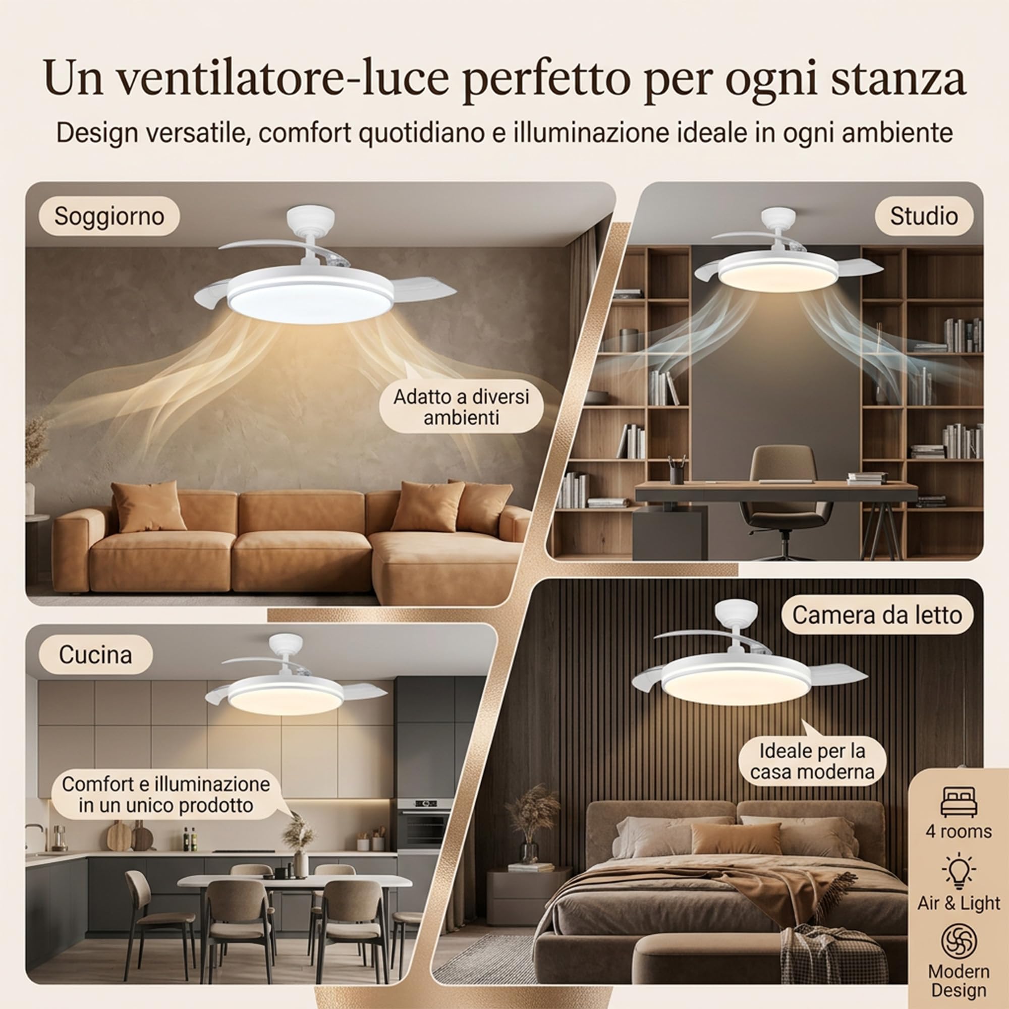 MARSI Ventilatore da Soffitto con Luce e Pale Retrattili 106cm, Lampadario Ventilatore Silenzioso con Telecomando, Motore DC Reversibile, 6 Velocità, LED Dimmerabile, per Camera da Letto e Soggiorno