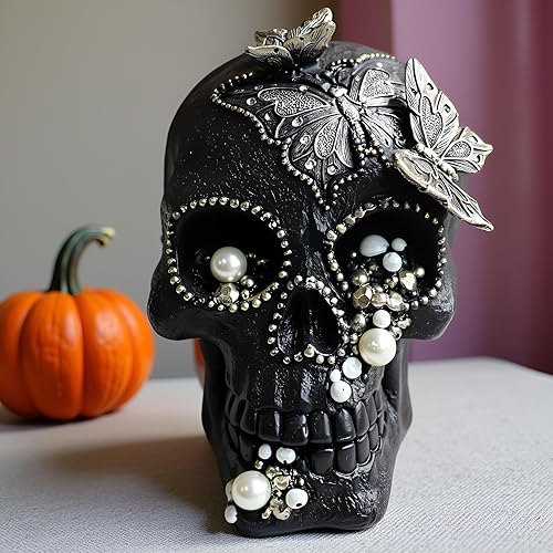 Miniatura 8 de Estatua de calavera para decoración del hogar, flores con esculturas de resina de cabeza de calavera, regalos espeluznantes para mujeres,