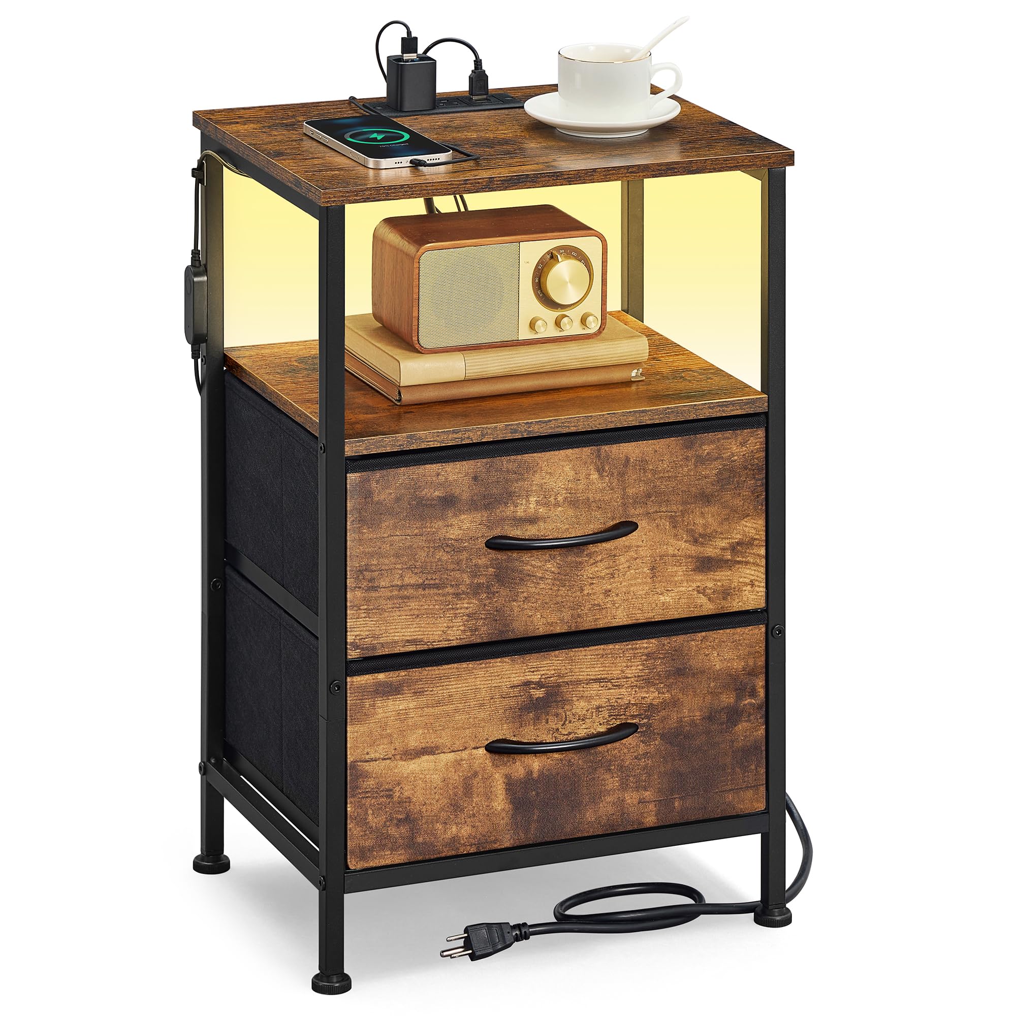 SONGMICS BELLAH Collection - Nightstand with Charging Station and App-Controlled Adjustable LED Lights, Bed Side Table, 2 Drawers and 1 Open Shelf,