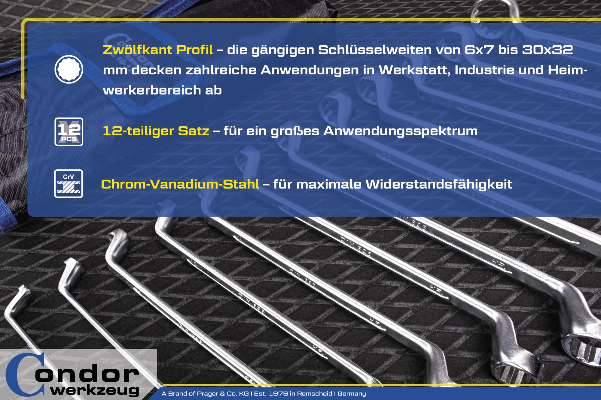 CONDOR Werkzeug 10-12T | Doppel-Ringschlüssel-Satz | 12-tlg. | gekröpft | SW 6 x 7-30 x 32 mm | Chrom-Vanadium-Stahl