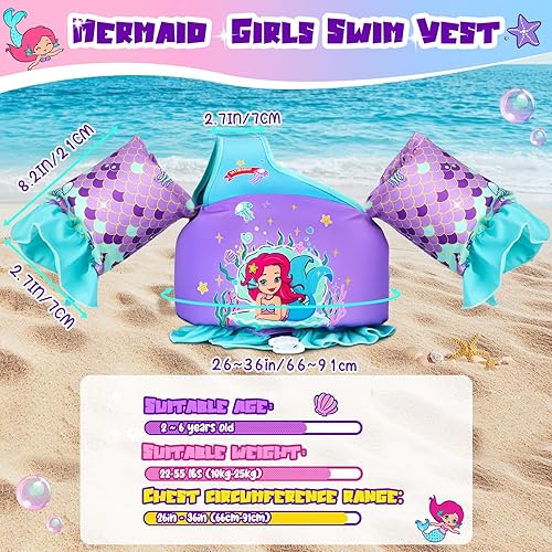 Miniatura 4 de Chaleco de natación para niñas de 22 a 55 libras, flotadores ajustables de sirena con arnés de hombro con alas de brazo, flotador de natación