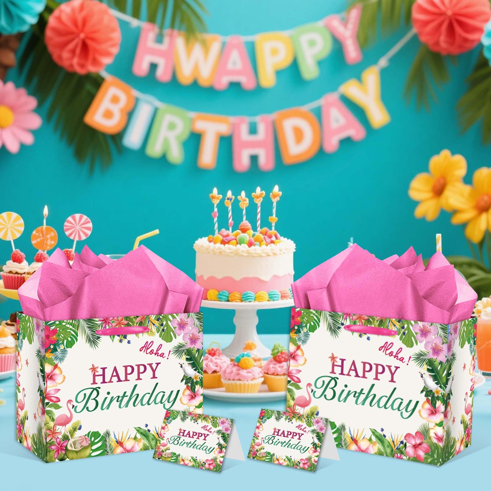 EIGHTSTATES Hawaiian Birthday Gift Bag Large Aloha Happy Birthday Party Decorations - Tropical Summer Beach Pool Party Favor Supplies - Includes Tissue Papers & Greeting Card - Luau Theme Gift Bags