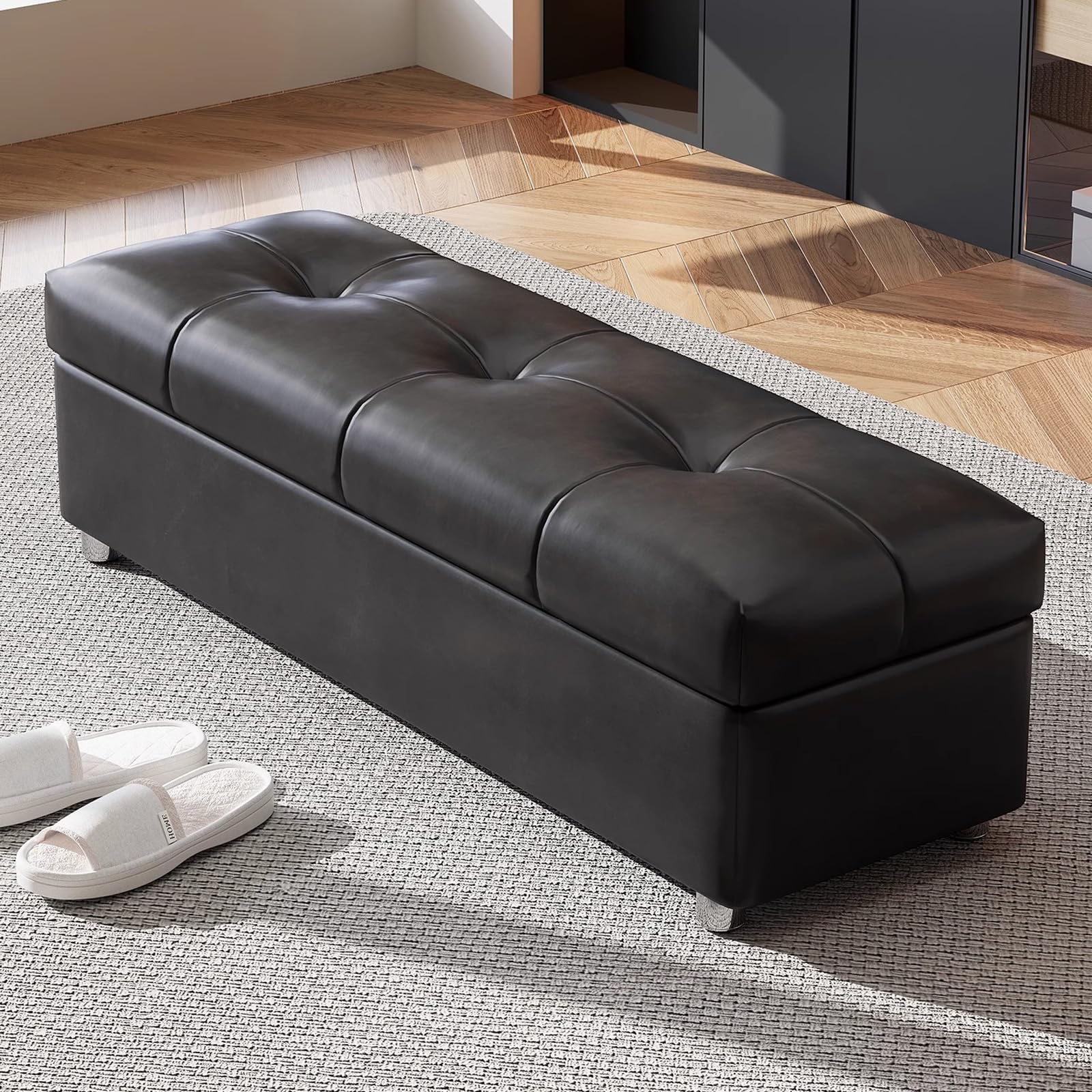 Banc bout de lit en cuir rembourré haut de gamme avec boutons capitonnés