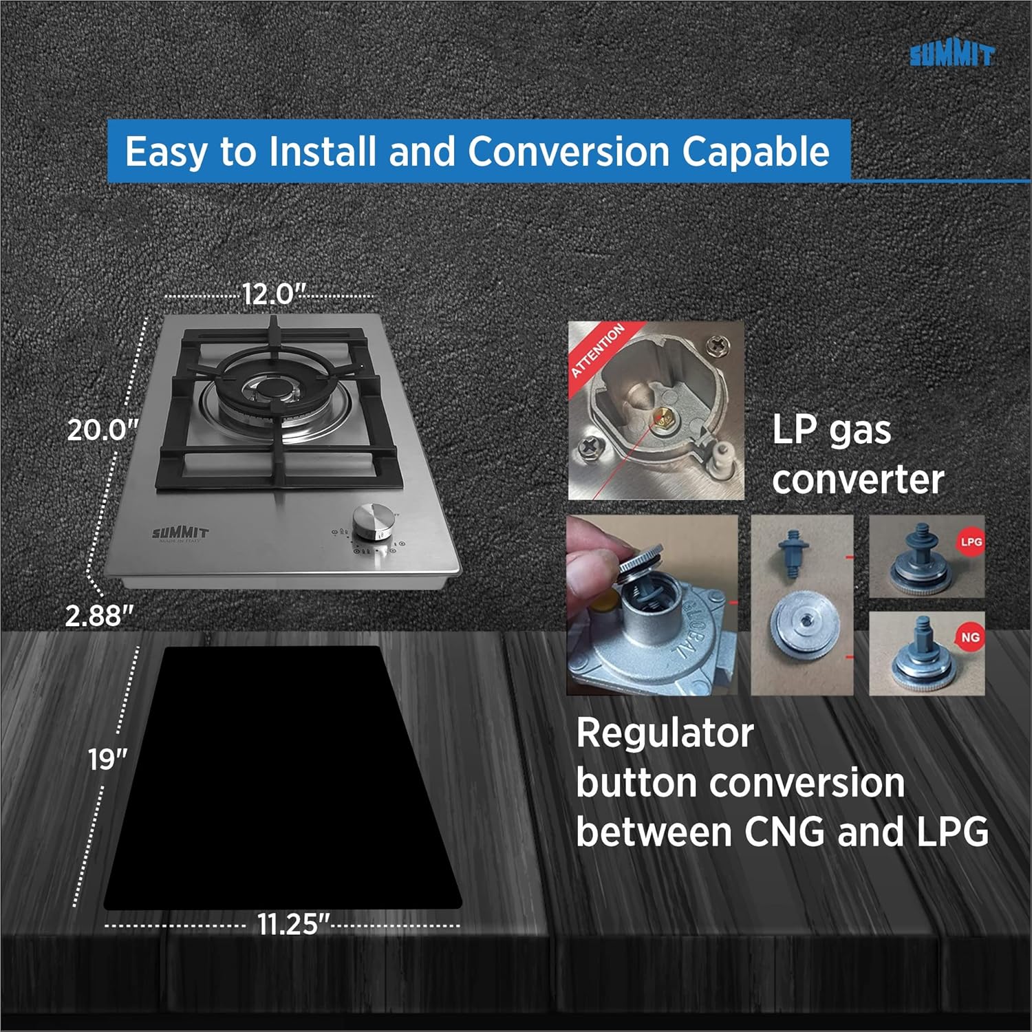 Summit 15" Single Burner Gas Cooktop, Cast Iron Grate, Stainless Steel with Trim Kit- GCJ1SSTK15