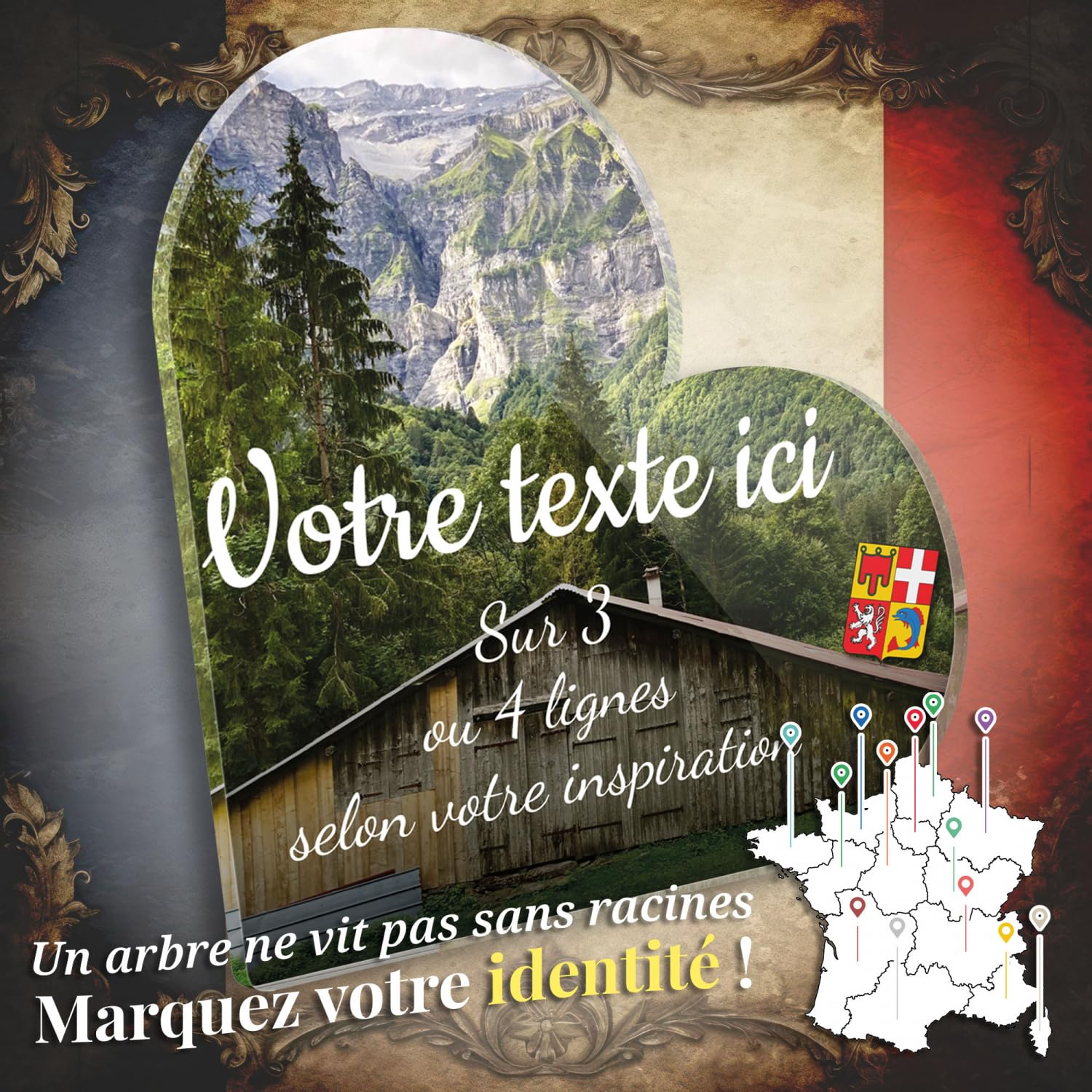 Targa funeraria cuore personalizzabile in plexi regionale Auvergne Falaises, diverse dimensioni, spessore 6 mm, personalizzata su più linee, 20 x 20 cm