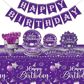 Vesici 171 Pcs Happy Birthday Party Supplies 24 Set Disposable Party Tableware include Plates Cups Napkins Cutlery and Banner Tablecloth Birthday Dinner Decorations for Men Woman(Purple, Silver)