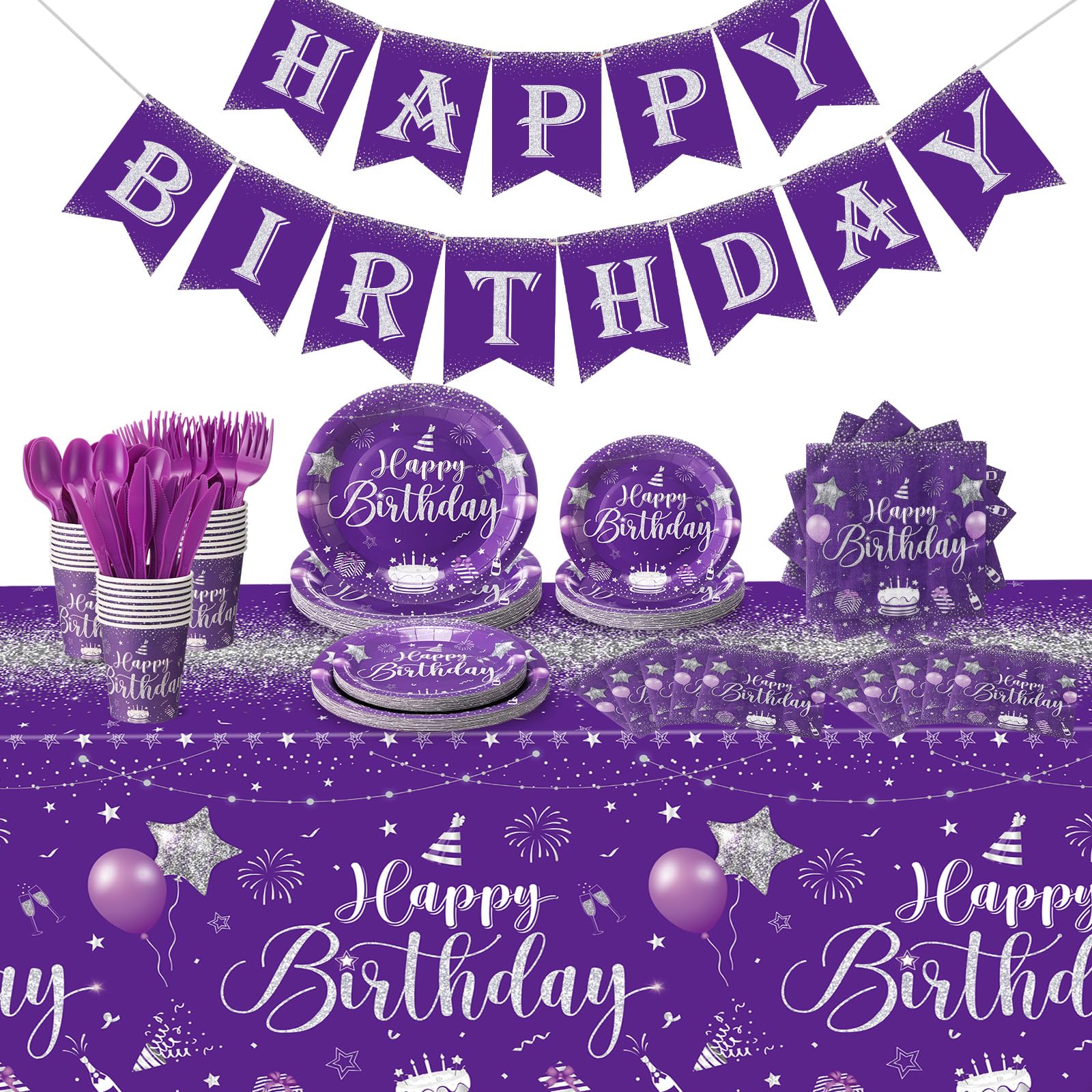 Vesici 171 Pcs Happy Birthday Party Supplies 24 Set Disposable Party Tableware include Plates Cups Napkins Cutlery and Banner Tablecloth Birthday