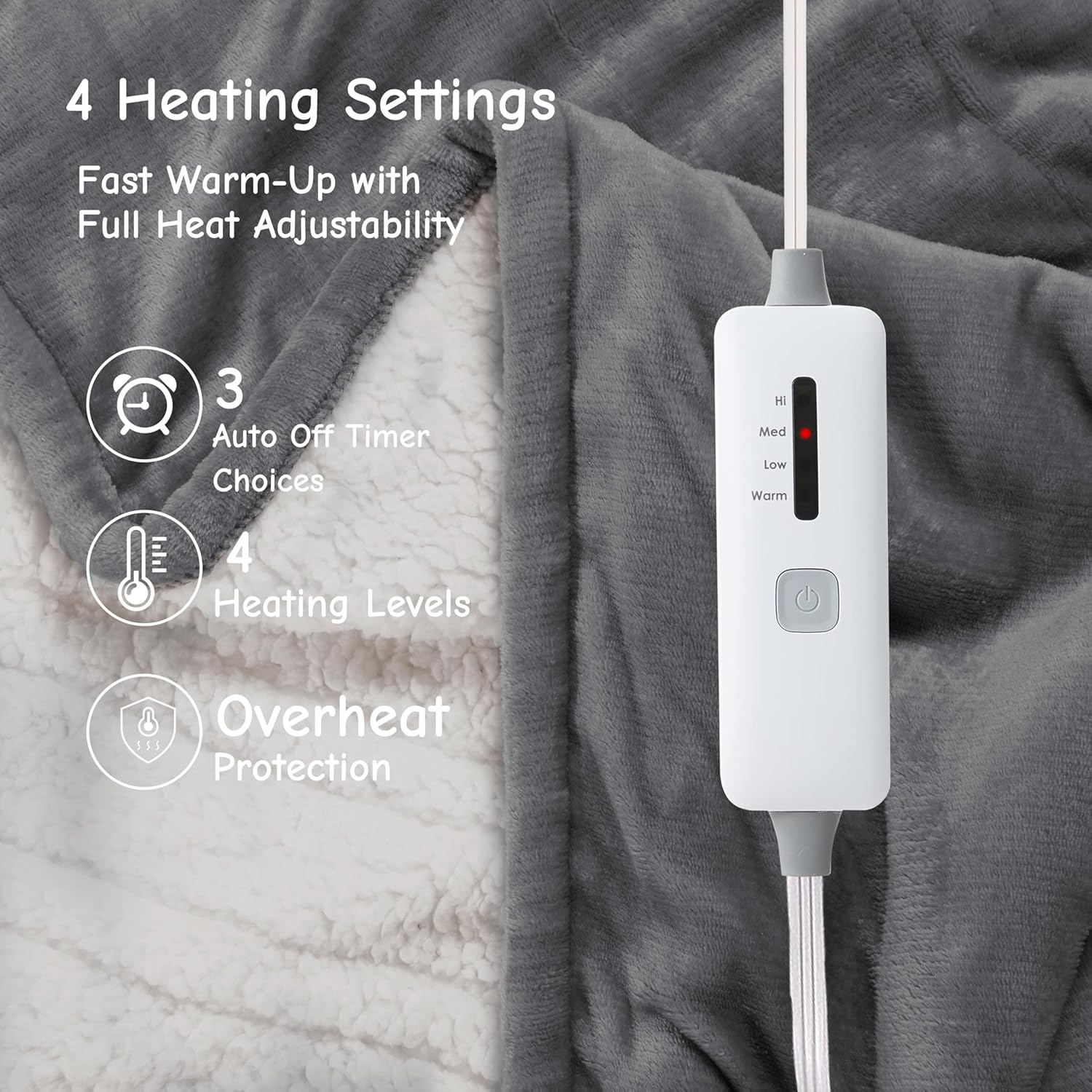 Electric Heated Blanket Throw 50"x60", Soft Flannel Sherpa Heating Throw with 4 Heat Settings, 3-Hour Auto Shut-Off Timer, Grey - Image 4