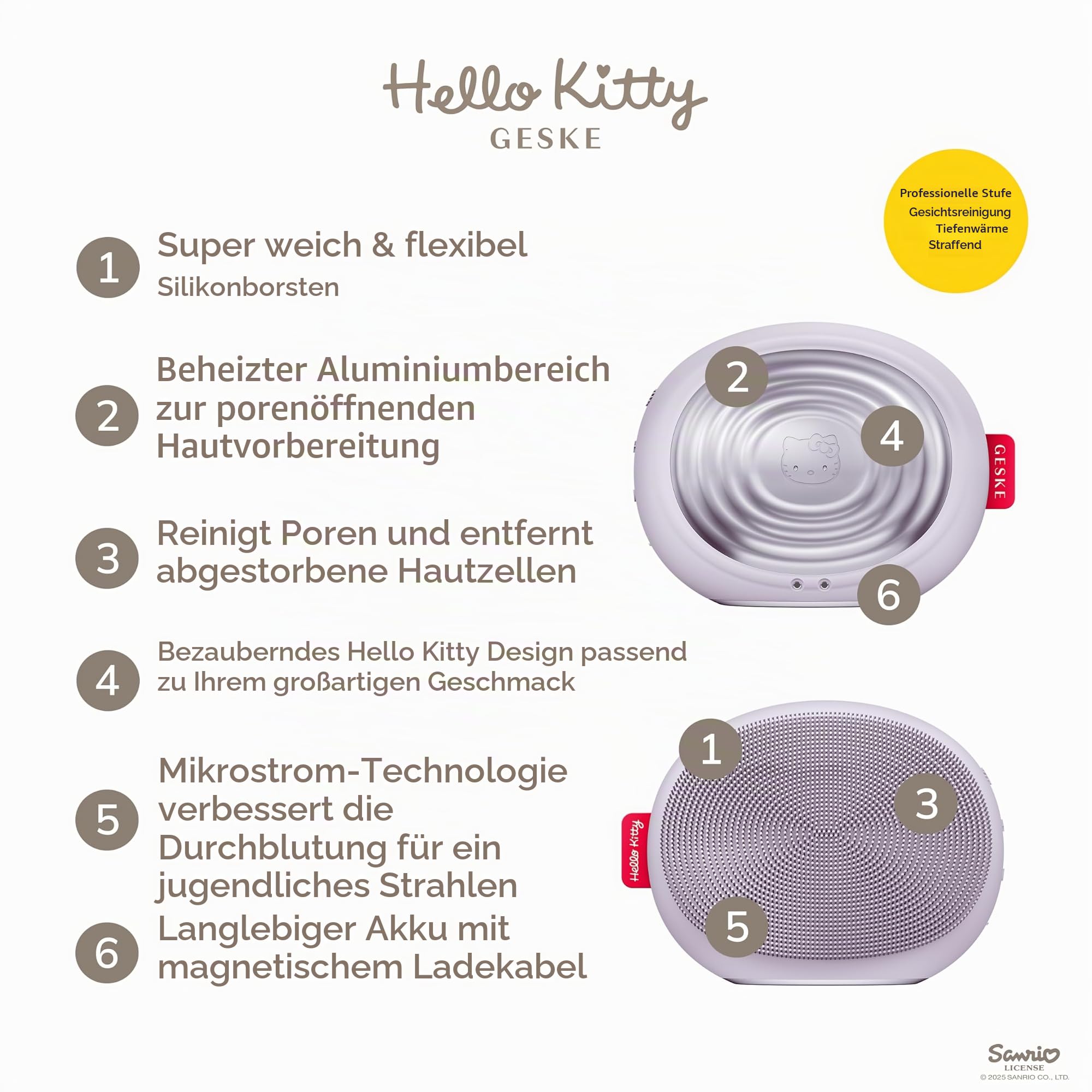 GESKE x Hello Kitty | SmartAppGuided™ Sonic Thermo Facial Brush | 5 in 1 | Hautreinigung | Reinigungsbürste mit Wärmefunktion | Gesichtsmassage | elektrische Gesichtsbürste | Gesichtsreinigungsgerät