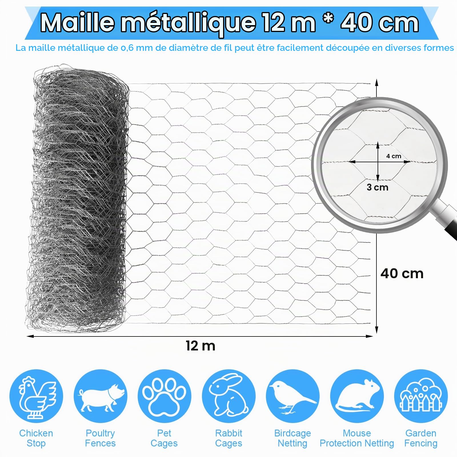 Grillage a Poule, Grillage Fine Maille 0.4x12m, Grillage Métallique Galvanisé à mailles fines 6 mm, Grille Métallique Fine Clôtures pour Élevage Volaille, Jardin, Moustiquaire