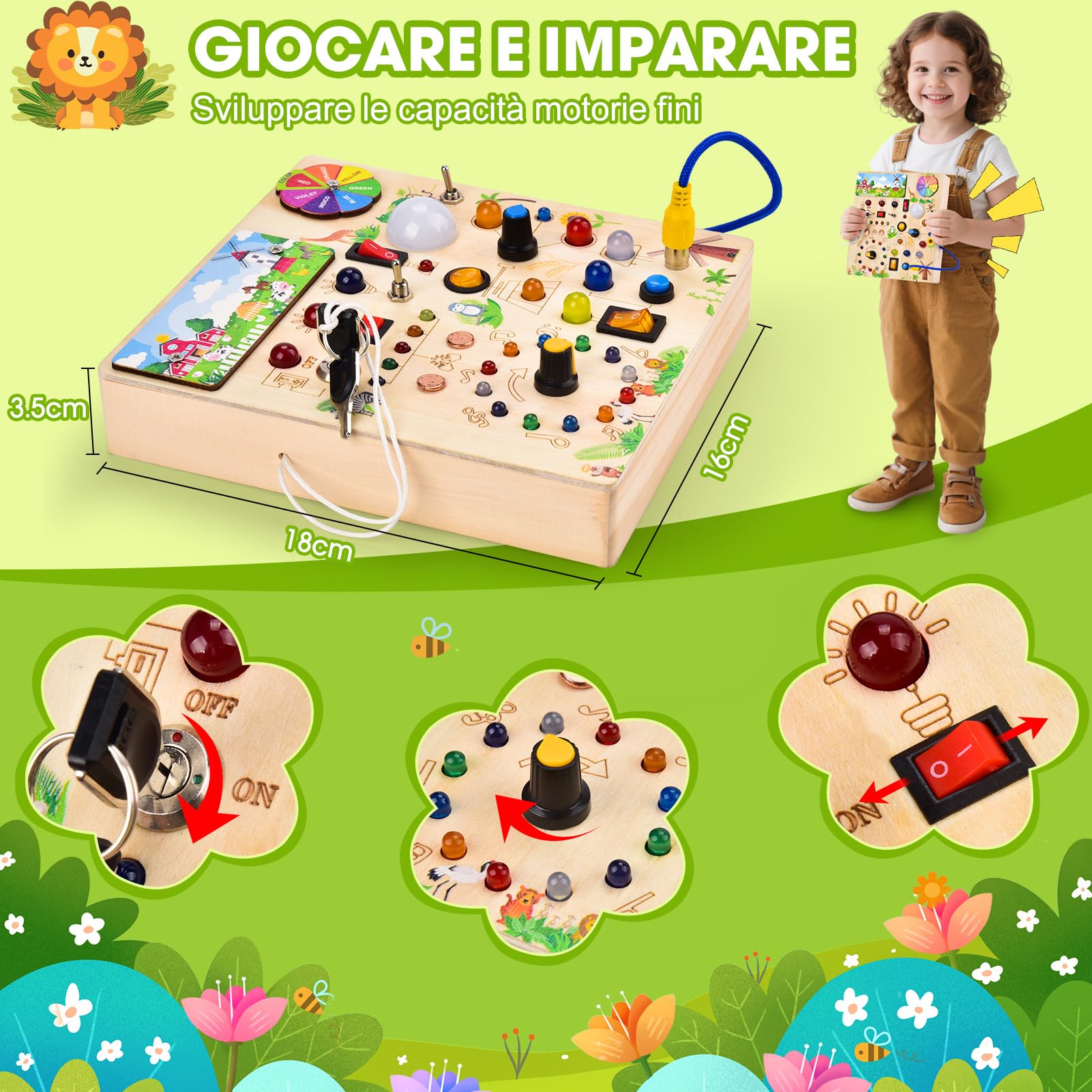 Busy Board Montessoris Activity board 1 anni,Giochi Montessori per Bambini 2 Anno,Busy Board Montessori per Bambini di Gioco Legno 1 Anno,Activity Boards 1 Anno con 29 LED Giocattoli Sensoriali