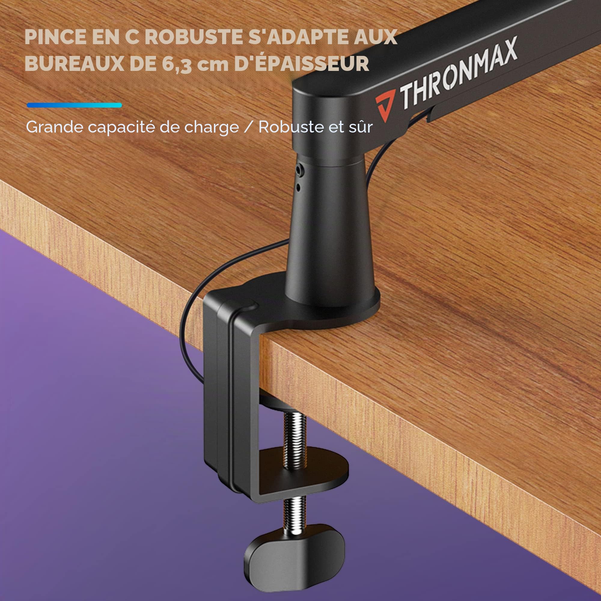 THRONMAX S6 Bras de micro low profile pour Game Streaming&Broadcasting, Robuste Boom arm universel avec adaptateur 1/4",3/8", 5/8"，Bras de micro entièrement métallique et entièrement réglable, Blanc