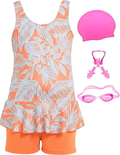Girls One Piece Skirted Swim Dress with Attached Shorts & Swim Kit | Kids Swimming Costume Set | Cap Goggles Nose Clip Ear Plugs Included | Baby Girls Big Girls Swimwear 2–13 Years
