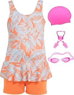 ASTER APPARELS Girls One-Piece Skirted Swim Dress with Attached Shorts | Kids Swimming Costume Set with Cap, Goggles, Nose... Price In India
