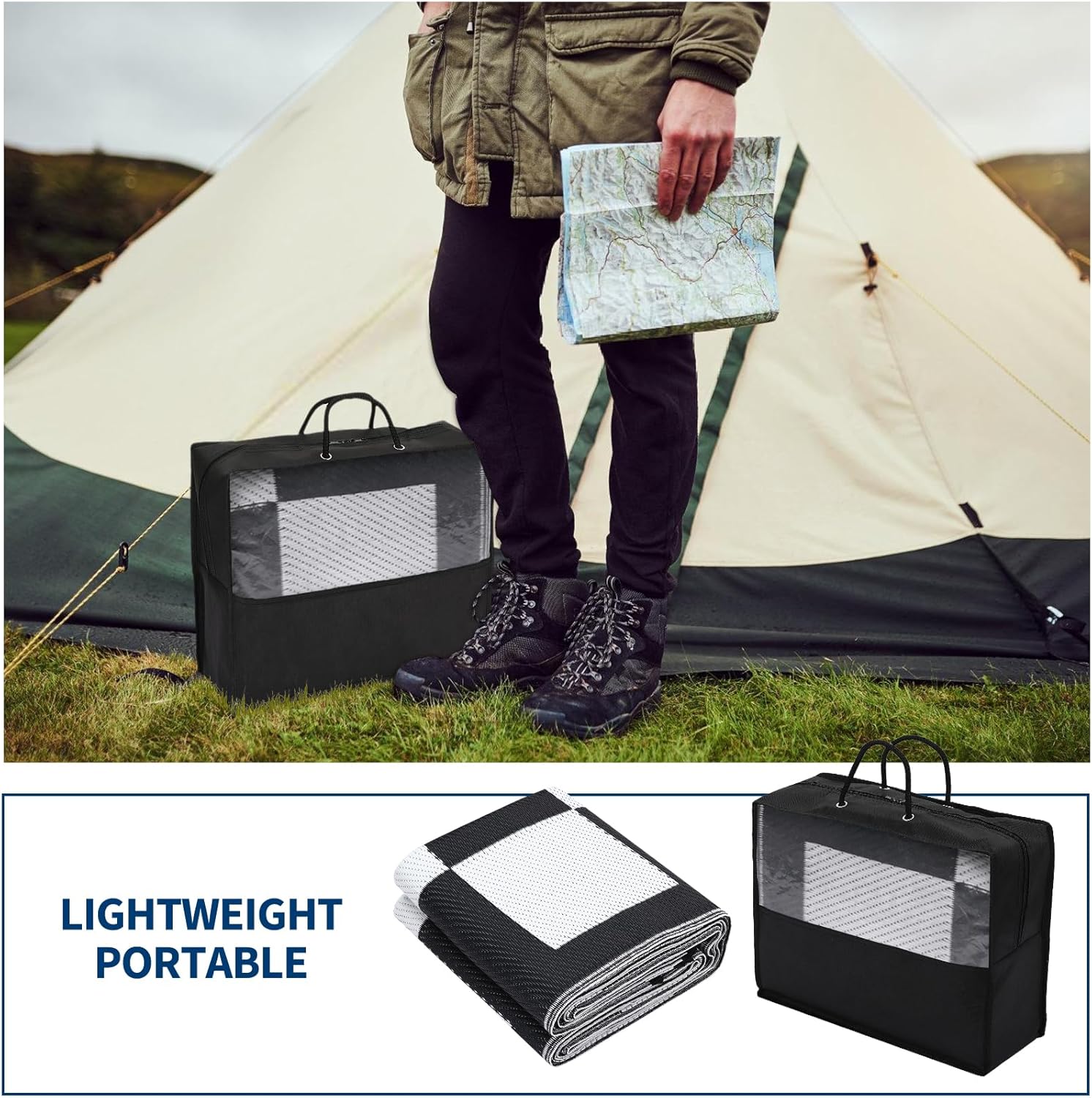 Modern Outdoor Rug Geometric Plaid Camping Mat for Patio UV-Resistant Reversible - Picture 57 of 59