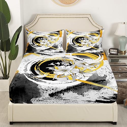 Miniatura 3 de Manfei Juego de sábanas bajeras modernas de tamaño individual, diseño de líneas geométricas de círculos geométricos, 2 piezas para decoración de