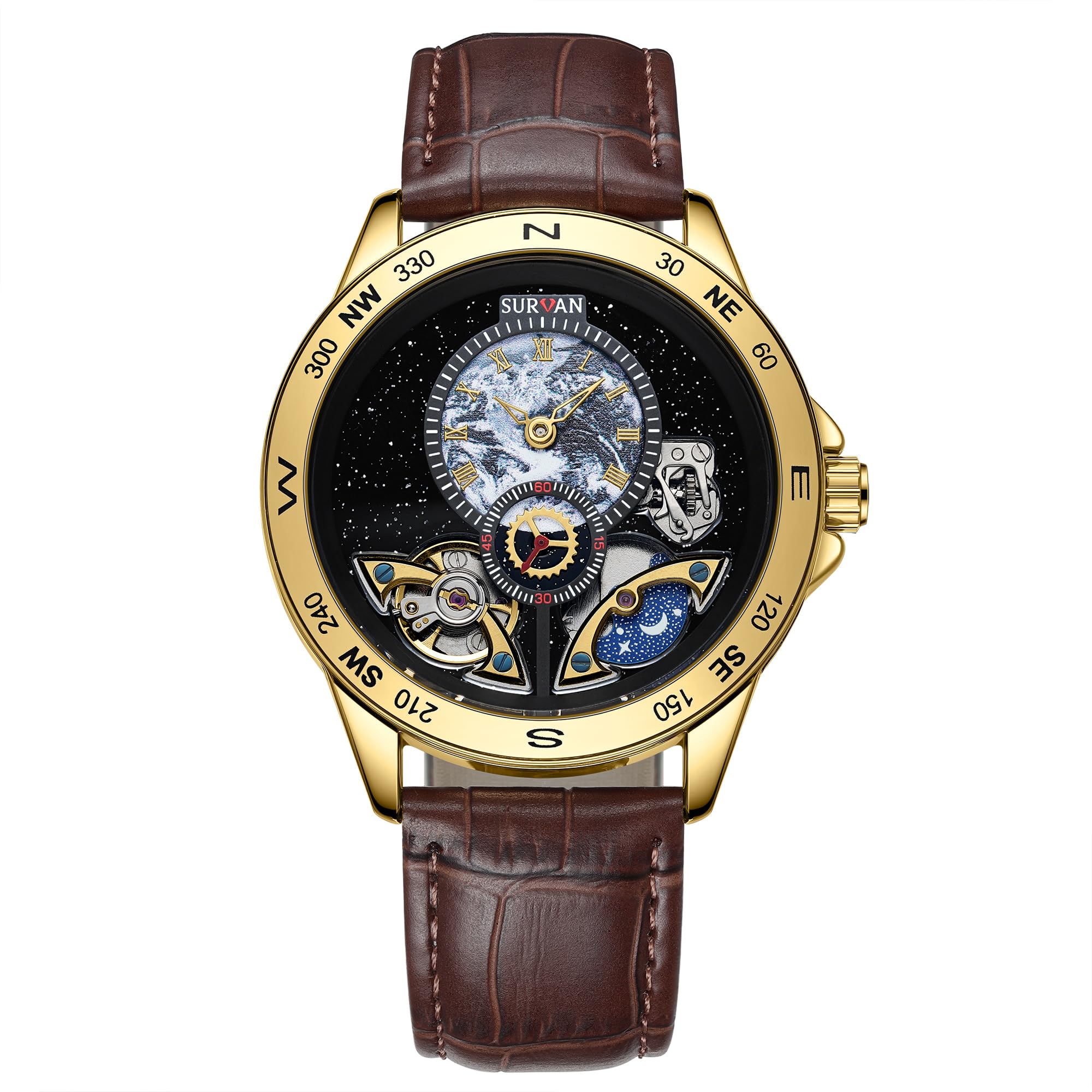 SURVAN Armbanduhr Designer automatische schweizerische Armbanduhr für Männer Weltzeit 18k Gelbes Gold Saphir-Kristalle Mechanische Skelettuhr Echtes Leder Armband | Lederarmband, wasserabweisend, Weltzeit-Zifferblatt, selbstaufziehend, Skelett-Uhren für H