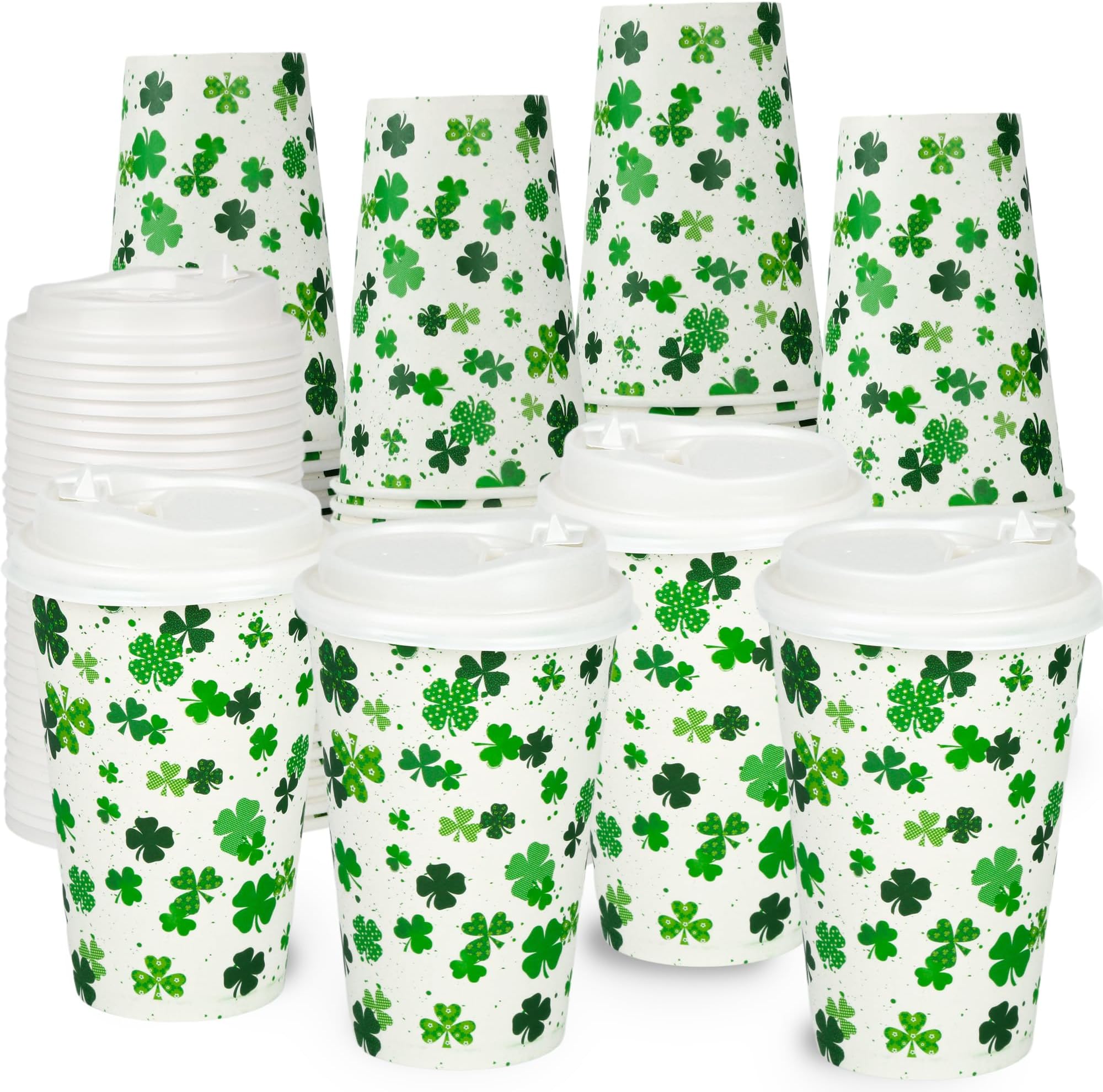 80 Pack 12oz St Patrick's Day Cups, Disposable Paper Coffee Cups with Lids, Green Shamrock Drinking Cups for Hot & Cold Beverages, Party Supplies for Office, Classroom, Holiday Celebration