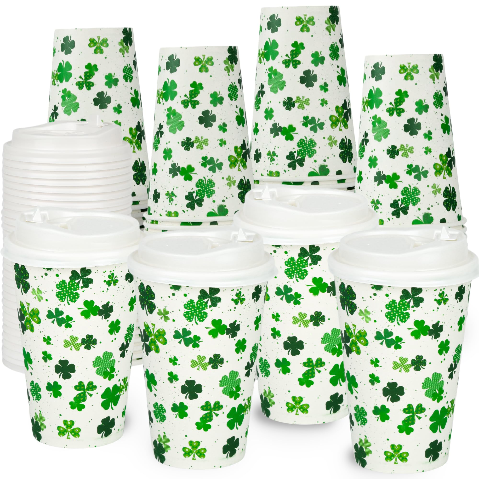 - 80 Pack 12oz St Patrick's Day Cups, Disposable Paper Coffee Cups with Lids, Green Shamrock Drinking Cups for Hot & Cold Beverages, Party Supplies for Office, Classroom, Holiday Celebration