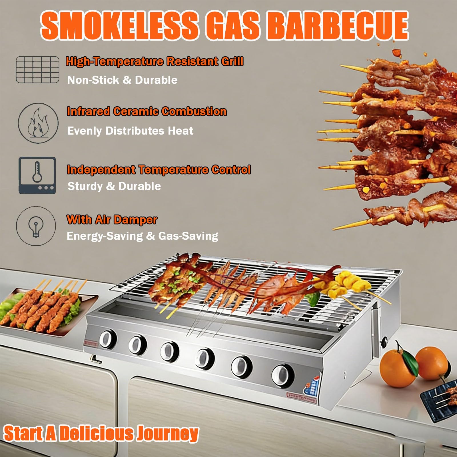 Grill stołowy, komercyjny grill gazowy LPG z ceramiczną technologią grzewczą, Wyjmowane kratki, regulowana wysokość i tacka na olej do użytku w kuchni A