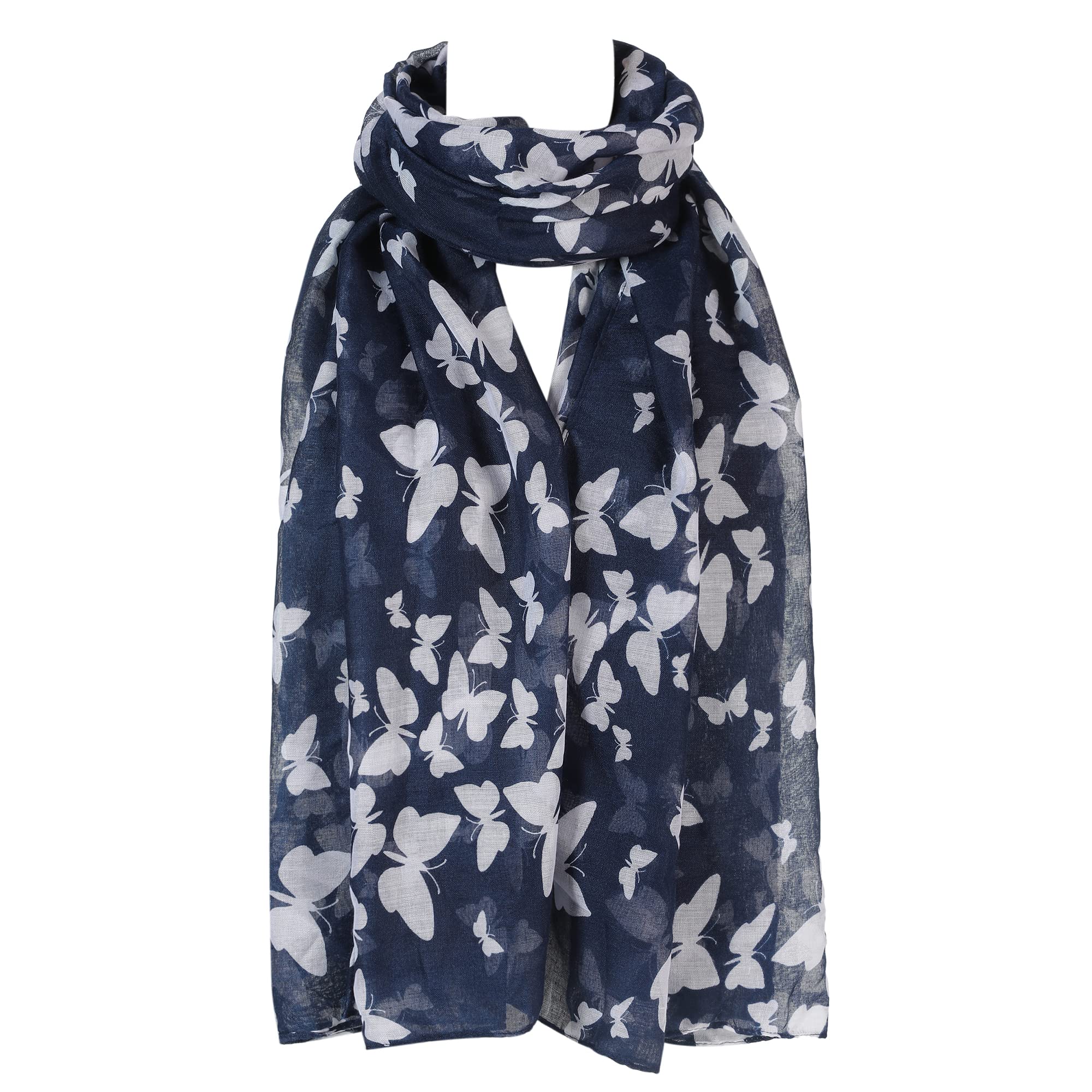 London Scarfs Women's Navy S Fashion Butterfly Print Long Scarves Floral Neck Scarf Shawl (Navy)