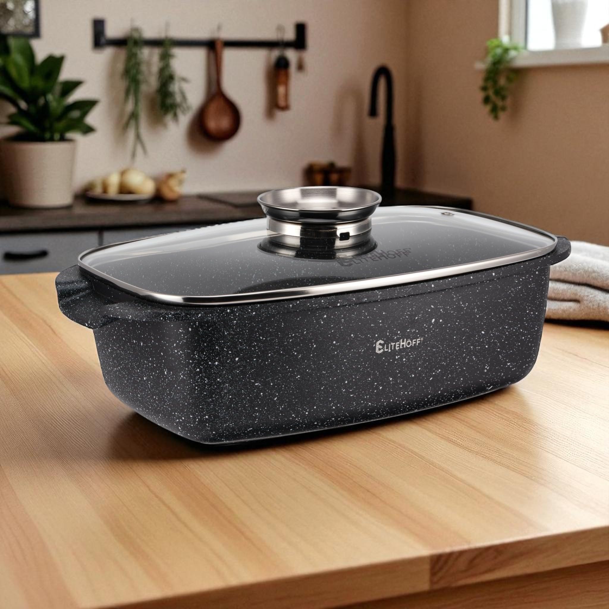 EliteHoff Brytfanna z pokrywką 6,5 L, aluminiowy garnek do pieczenia, naczynie żaroodporne do duszenia, pieczenia i grillowania, na indukcję, gaz, kuchenkę elektryczną, do piekarnika, czarny (E-7051)
