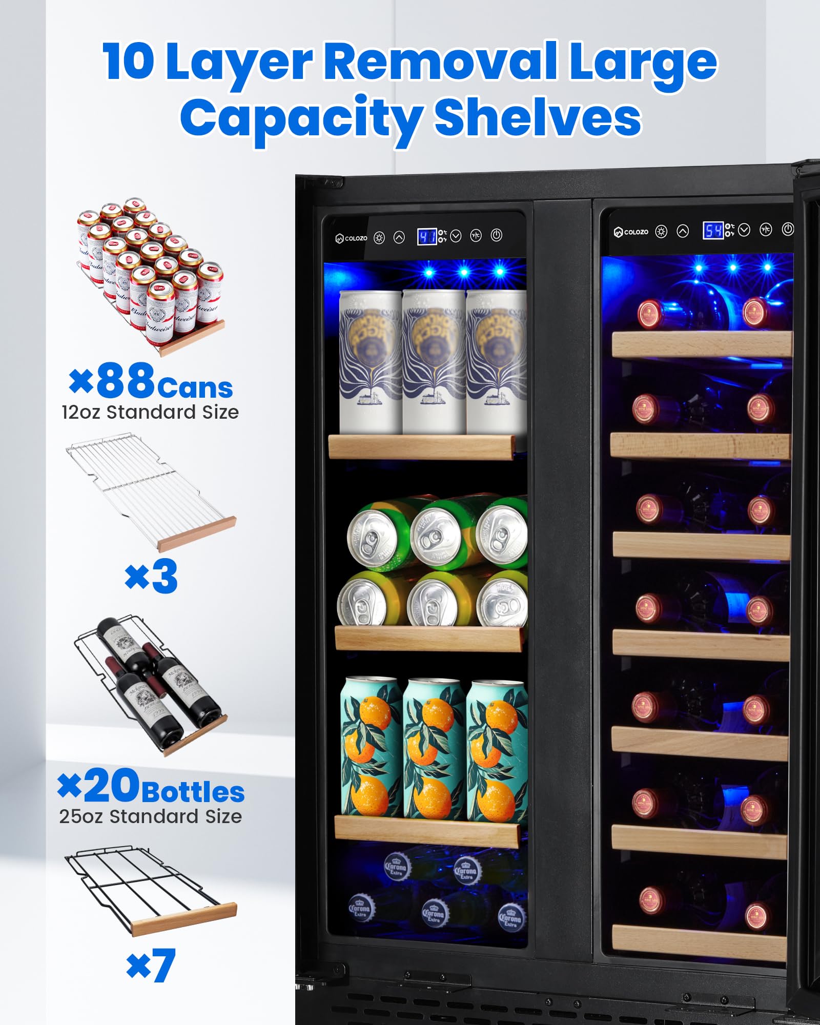 Colzer Wine & Beverage Refrigerator Under Counter, 24 Inch Black Freestanding Wine Fridge With Wooden Shelves, Glass Door&Lock Beverage Cooler-20 Bottles & 88 Cans For Kitchen/Bar/Commercial on Fridge.com - View 3