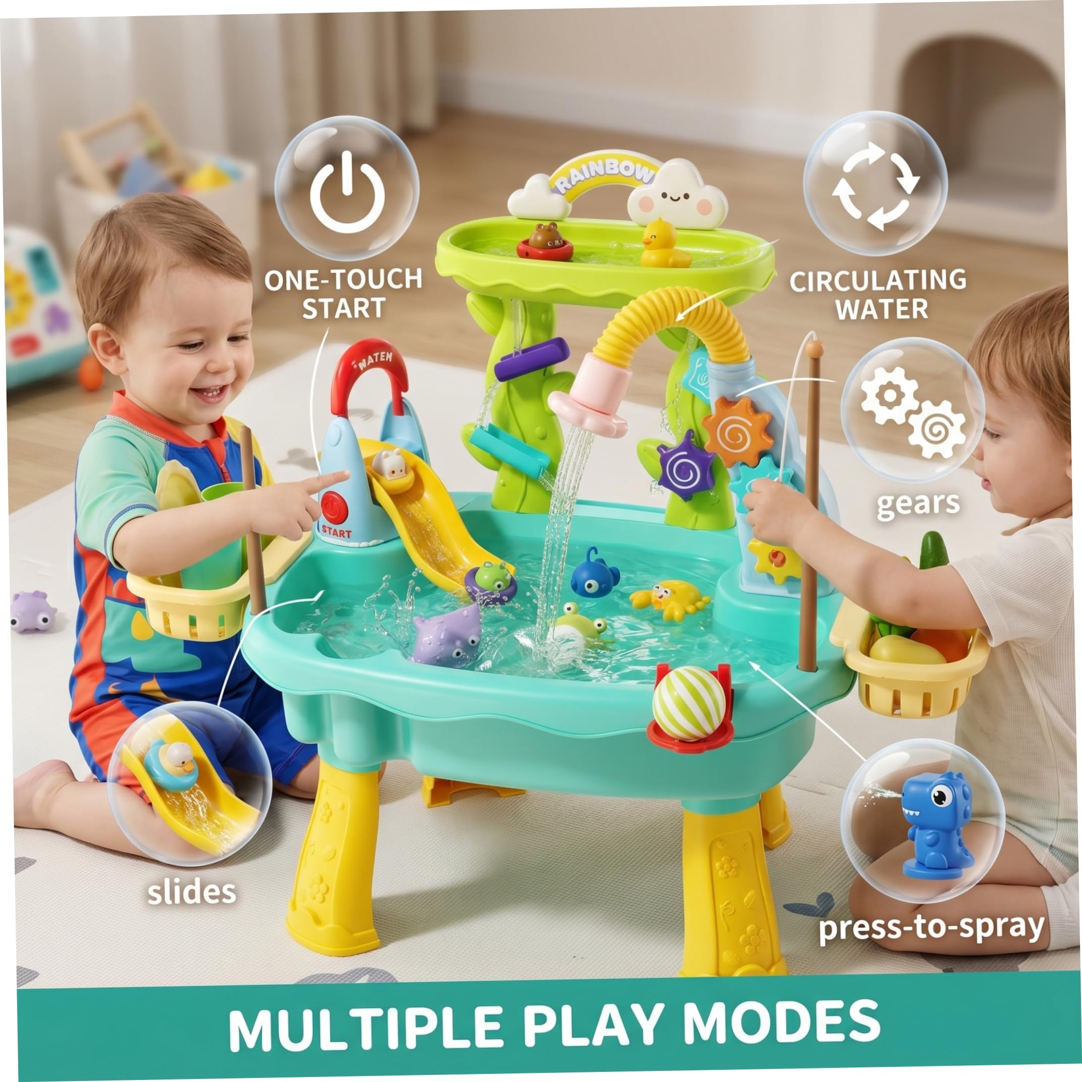 Mesa de Juegos Acuáticos, Bandejas de Agua 6 en 1 de 2 para Niños con Funciones de Circulación, Tobogán y Pesca Azul