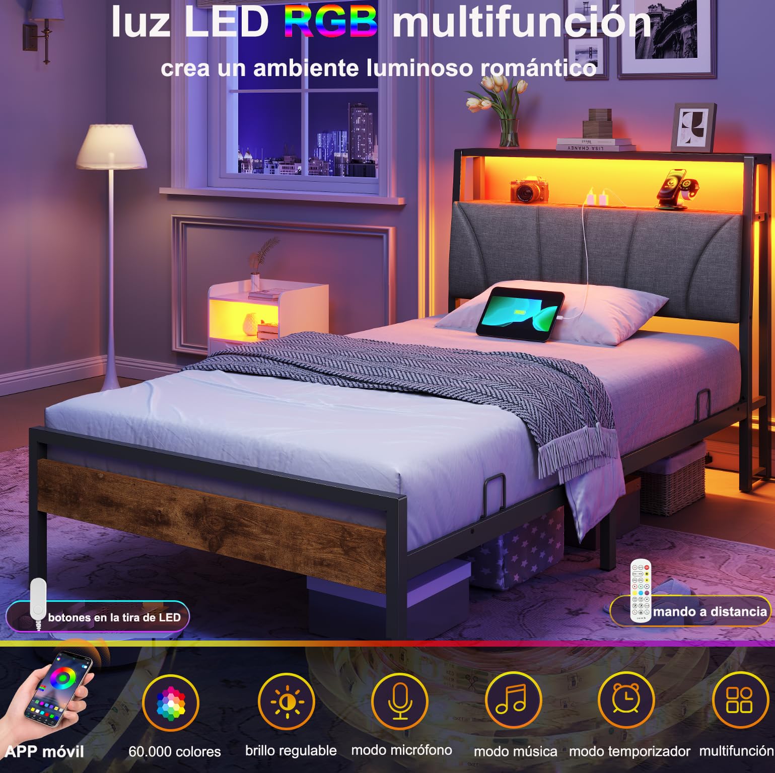 Brinlawb Cama 90x200 cm con regleta de enchufes integrada (2 Tomas de Corriente AC y 2 Puertos USB) Tira de luz LED, Somier 90 x 200 cm, Cama Individual con Estructura de Metal y cabecero. Gris