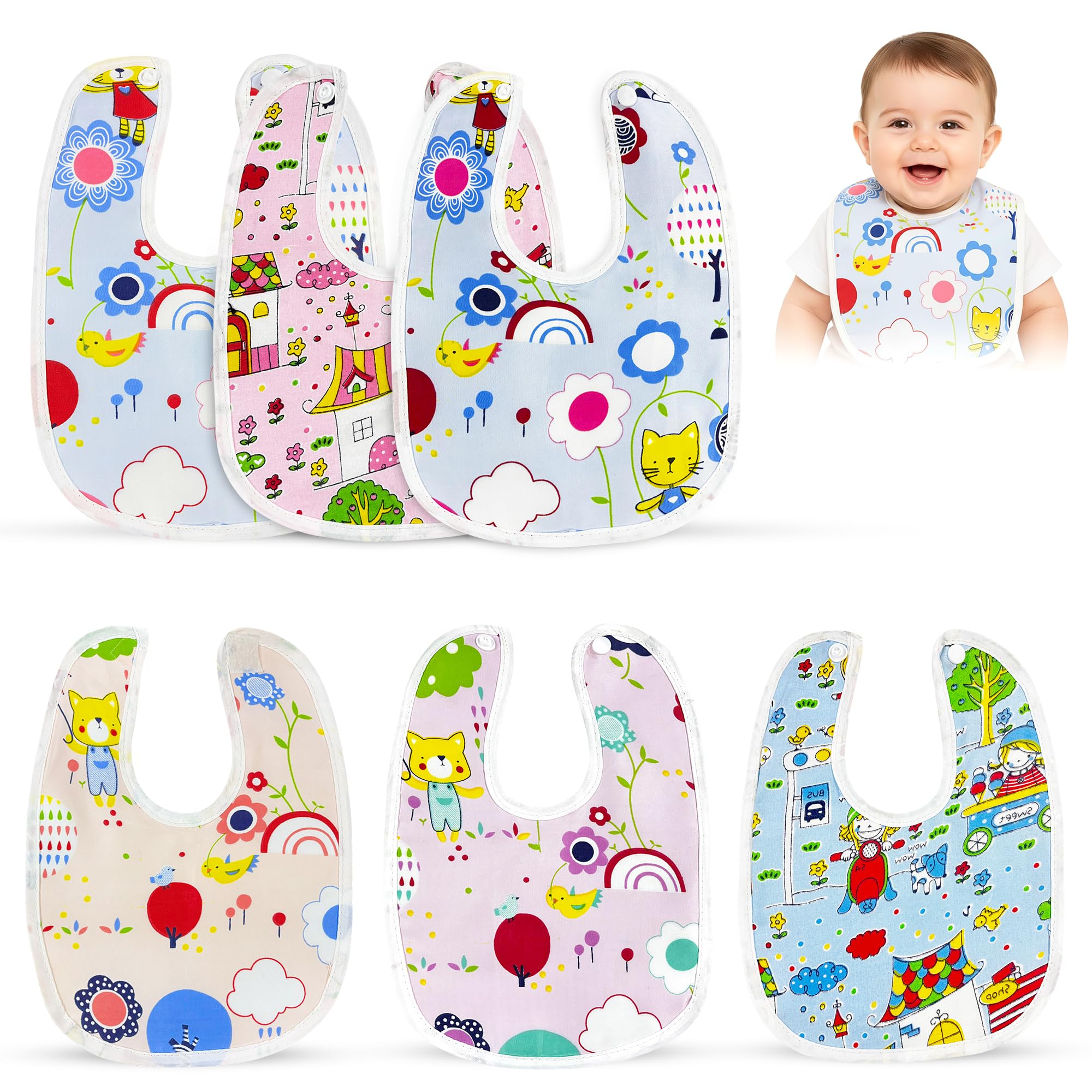 GLUN® Waterproof Baby Bibs 6 Pieces Set, Colorful Printed Feeding Bibs for Kids & Toddlers 8–24 Months, Durable & Washable-image-31