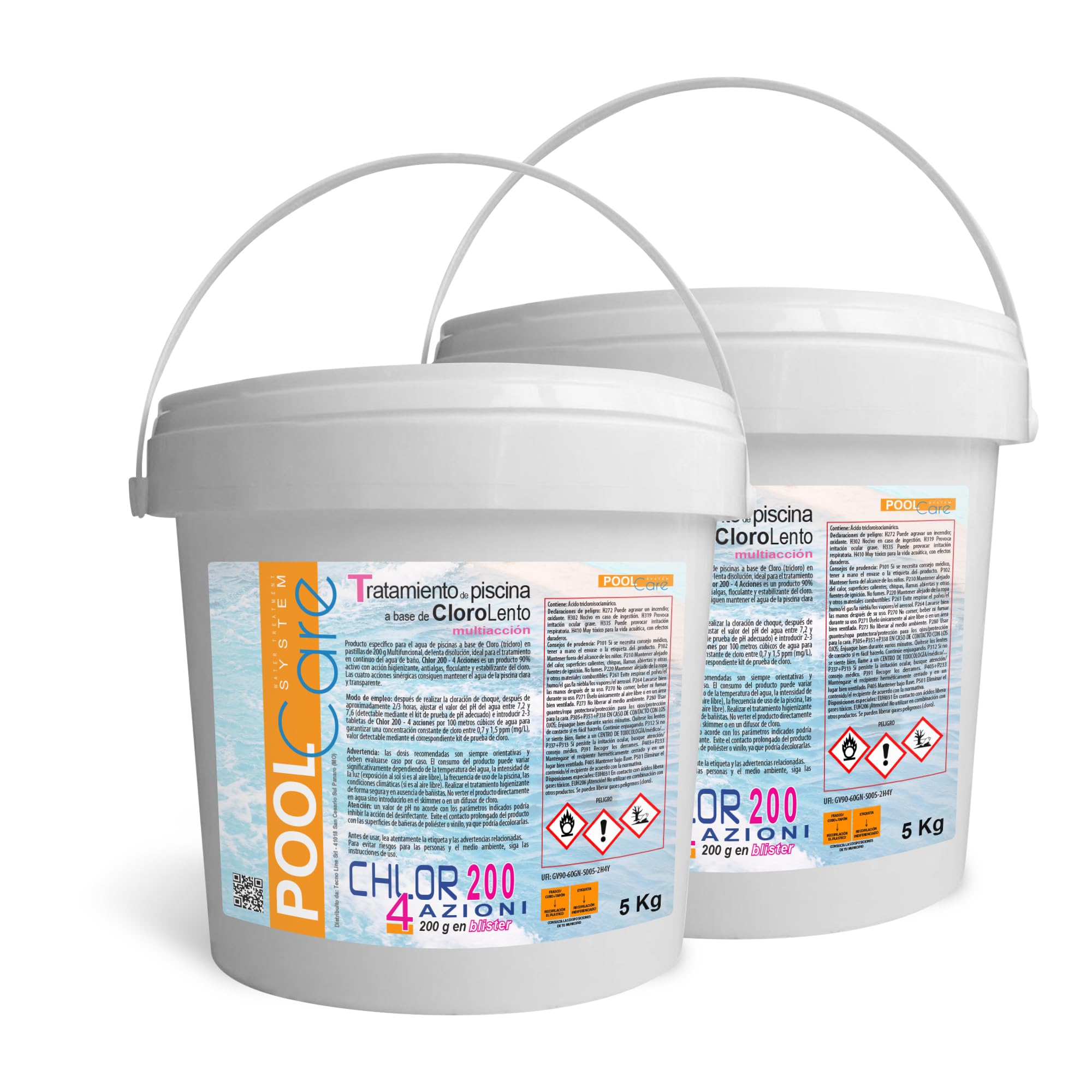 Pool Care CHLOR 200 4 Azioni, Pastiglie Multiazione da 200 gr - (5+5) 10 KG | Cloro Multifunzione, Attivo al 90%, Tavolette a Lenta Dissoluzione, per Piscina
