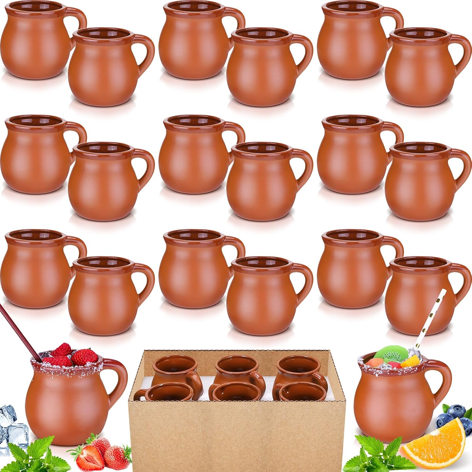 Gejoy Pack of 18 12 oz Cantaritos De Barro Clay Cups Mexican Clay Mugs Fiesta De Barro Mexicanos Coffee Mugs, Cocktail Glasses and Tea Cups for Tequila, Margaritas, Mojitos Cold Hot Drinks (Brick Red)