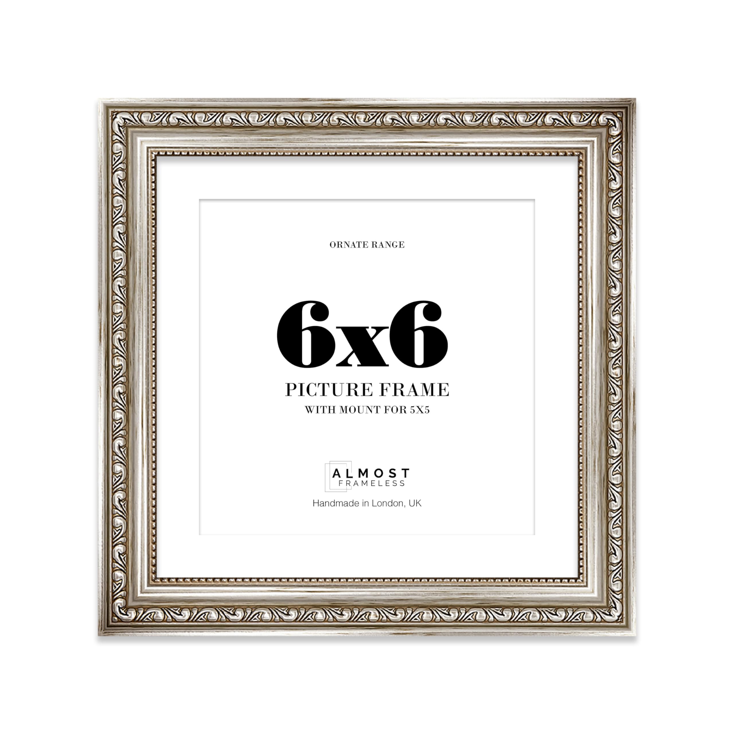 6x6 Silver Ornate Photo Frame With White Mat For 5x5 Picture, Ready to Hang or Stand, 1 Pack