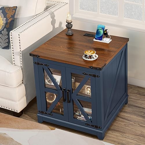 Miniatura 8 de Joaxswe Mesa auxiliar de granja con estación de carga, mesa auxiliar grande de sofá de 23.62 pulgadas con puerta de granero de cristal, mesita de