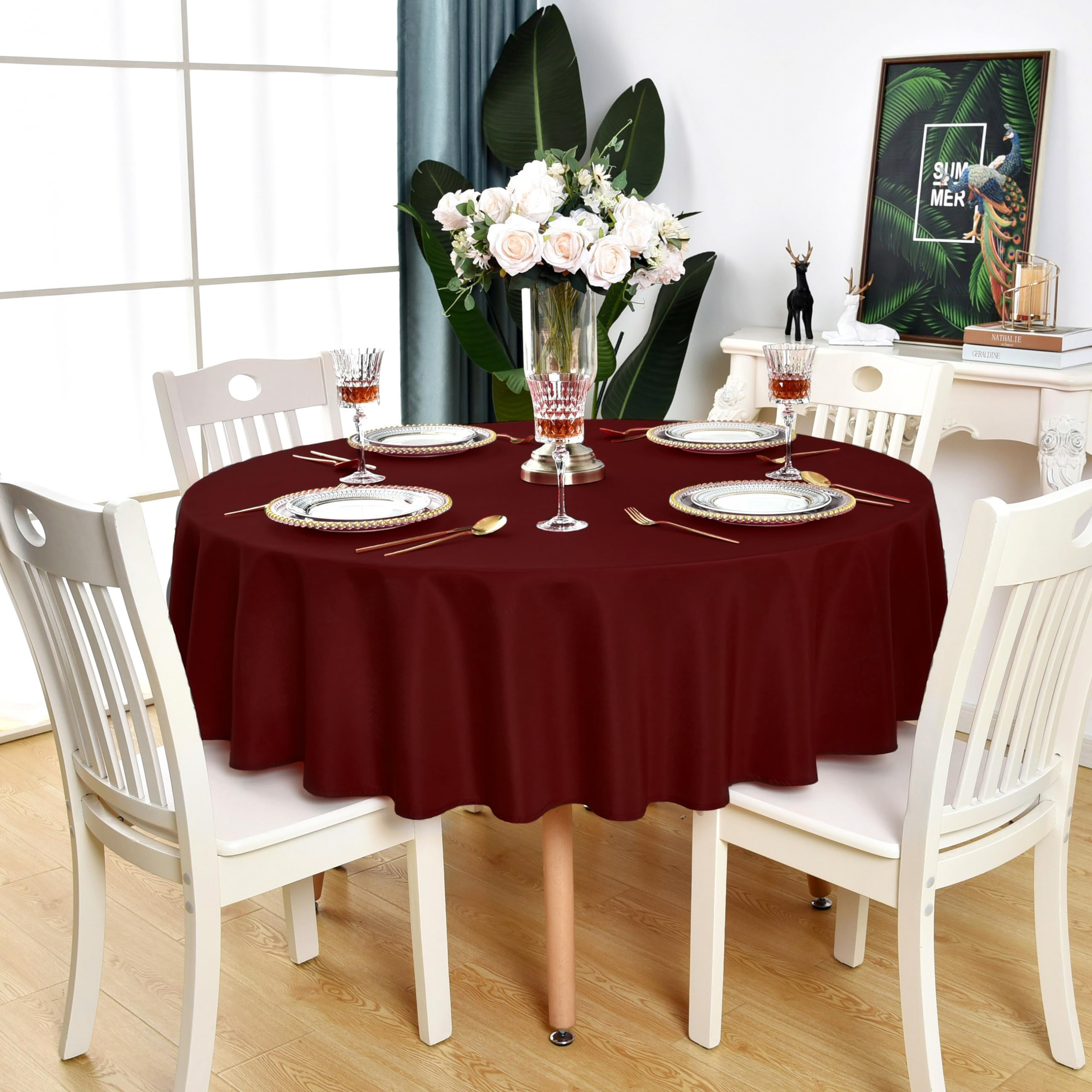 KAIPHO Burgundy Round Tablecloth Waterproof Washable Table Cloth, 90 inch