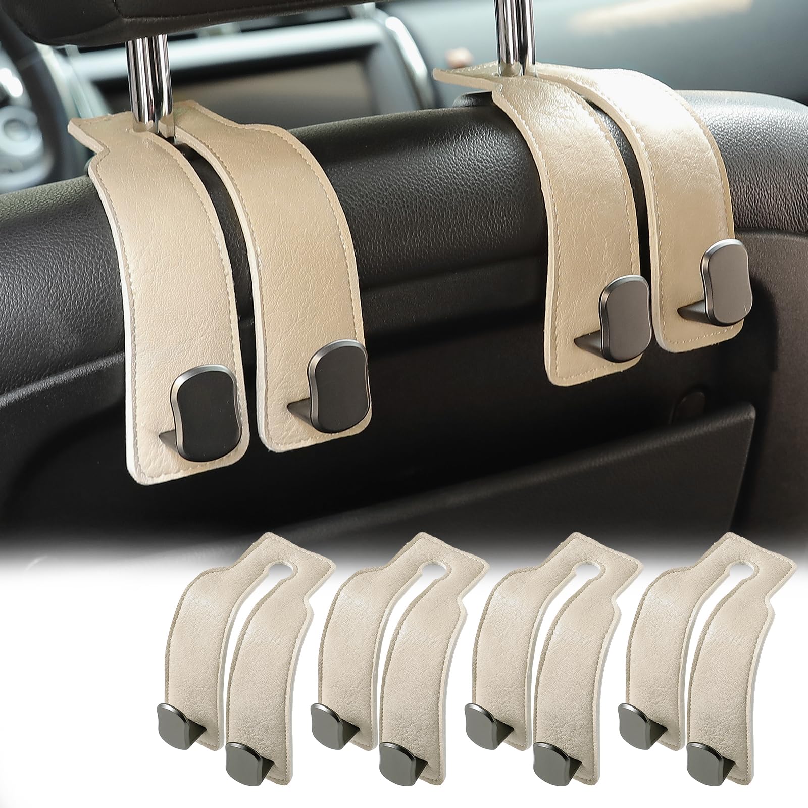 KINIVA Car Seat Headrest Storage Hooks, Set of 2, Suede PU Leather, Double Hooks (06-White 4 Pack)