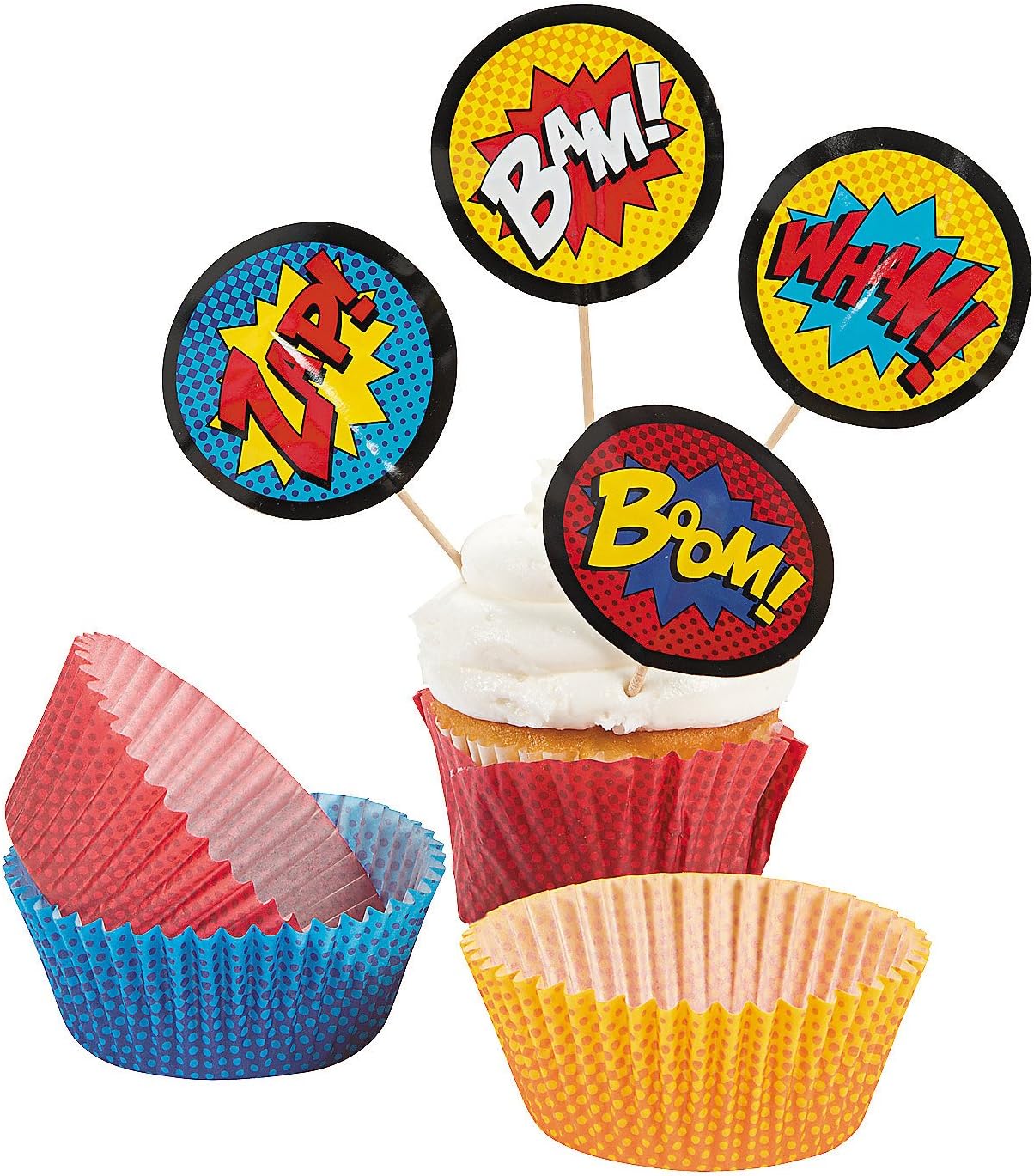 Superhero Baking Cups W/picks - Party Supplies - Serveware & Barware - Misc Serveware & Barware - 100 Pieces