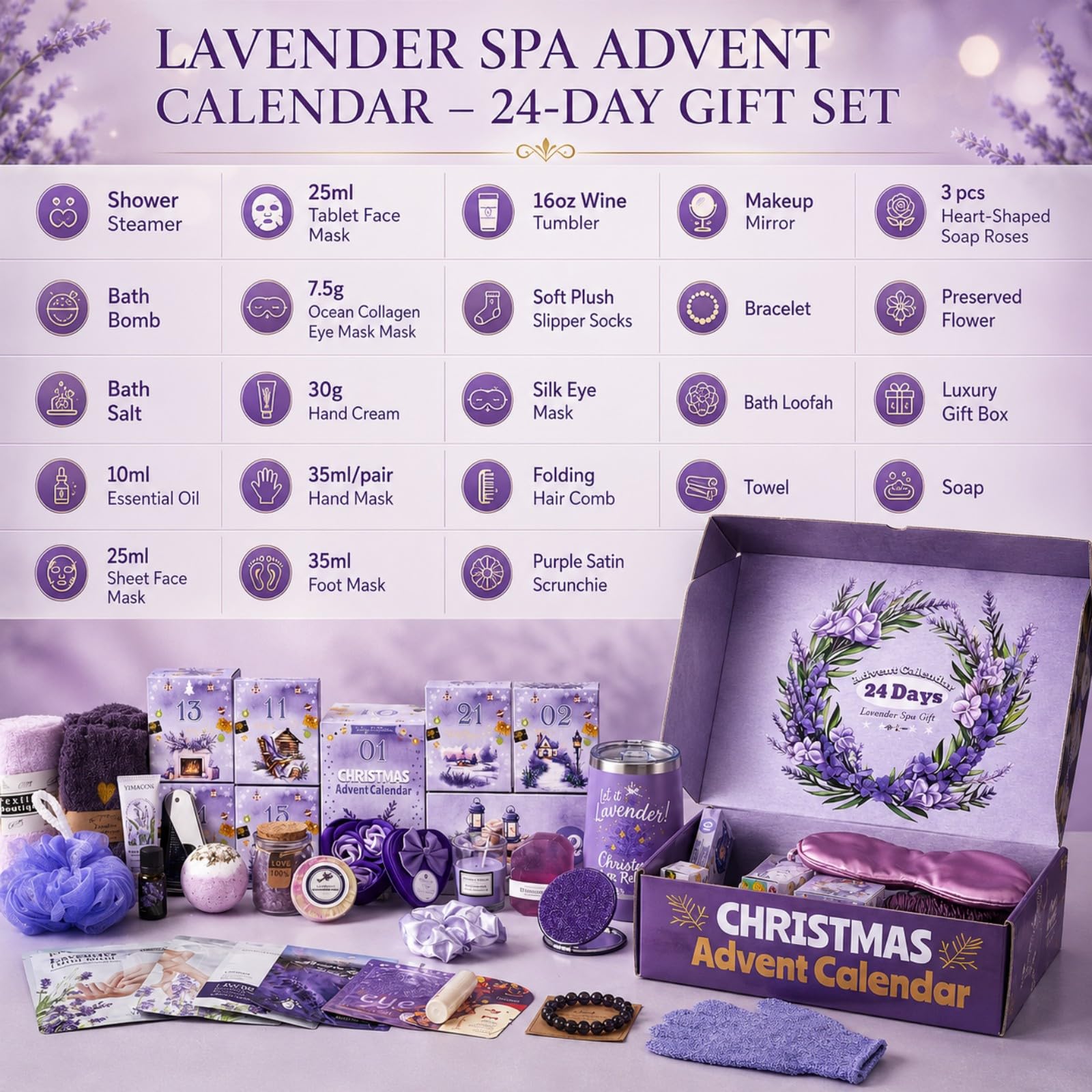 Adventskalender 2025 Erwachsene Frauen - 24 Tage Weihnachten Adventskalender für Mama, Frau, Freundin, Schwester, Sie - Lavendel Spa Geschenke Korb Set Enthält Kaffeetassen, Duftkerze, Badesalz, Seife