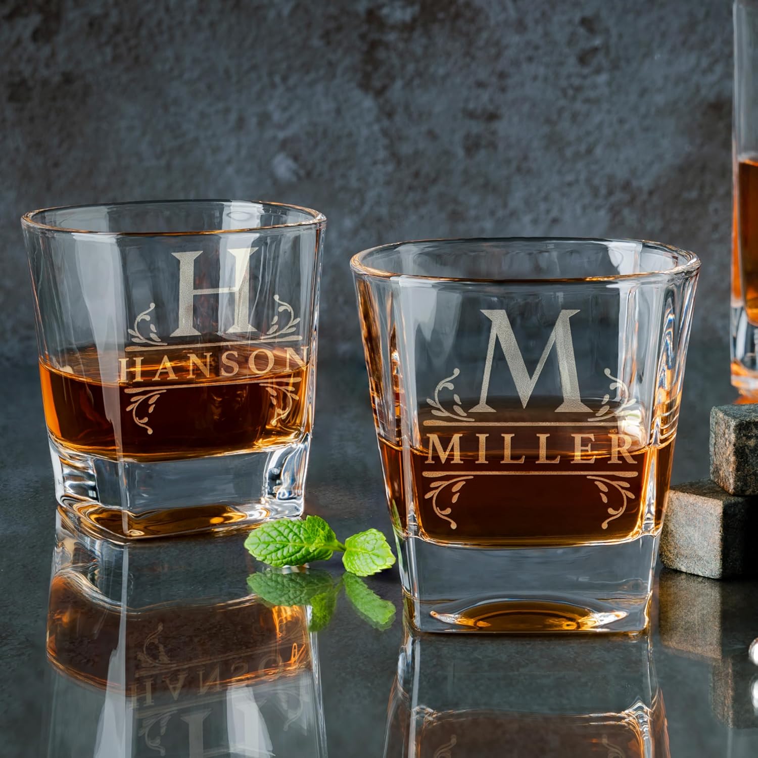Amazing Items Set of 4 - Whiskey Gifts for Men, Personalized Whiskey Glasses w/Name & Initial - 9 Designs - 9 oz, Limited Edition Monogrammed Rocks Glasses, Dad Gifts