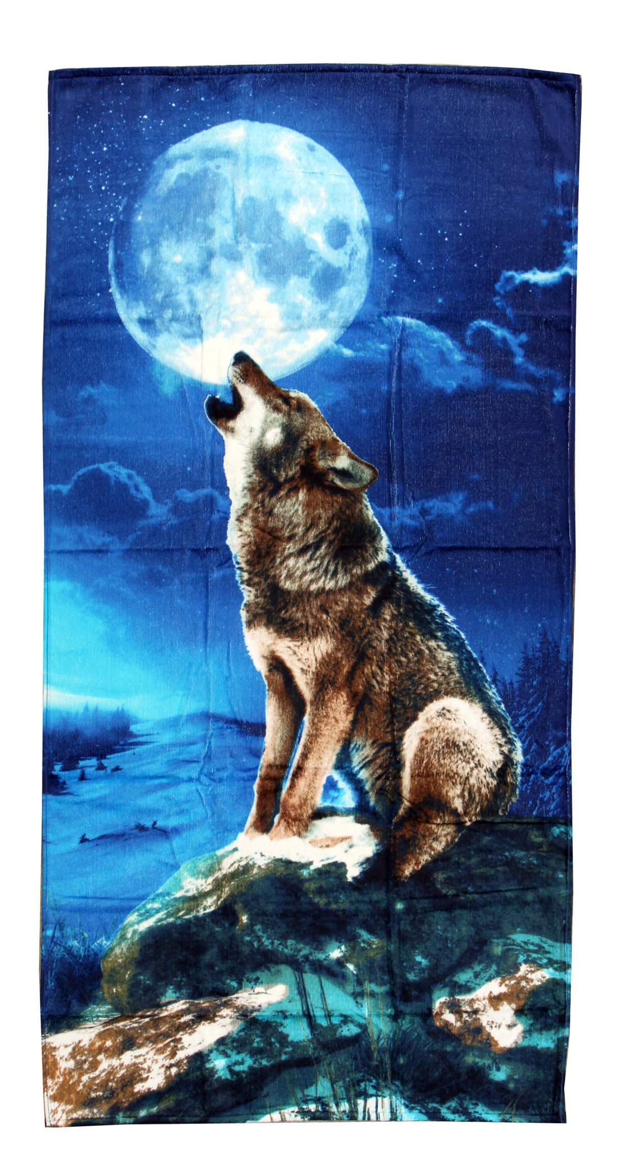 BUYYOURTIES TWL-25 - Luxurious - Wolf Howling Moon - 100% Cotton Velour Beach Towel – Soft, Absorbent, and Stylish!