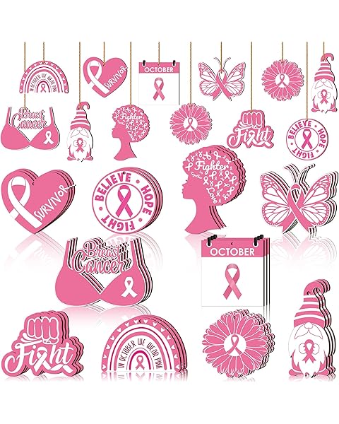 Qunclay 30 Pcs Pink Ribbon Breast Cancer Decoration Breast Cancer Awareness Accessories Hanging Wooden Sign Tree Ornament Hope Believe Survivor Table Party Decor