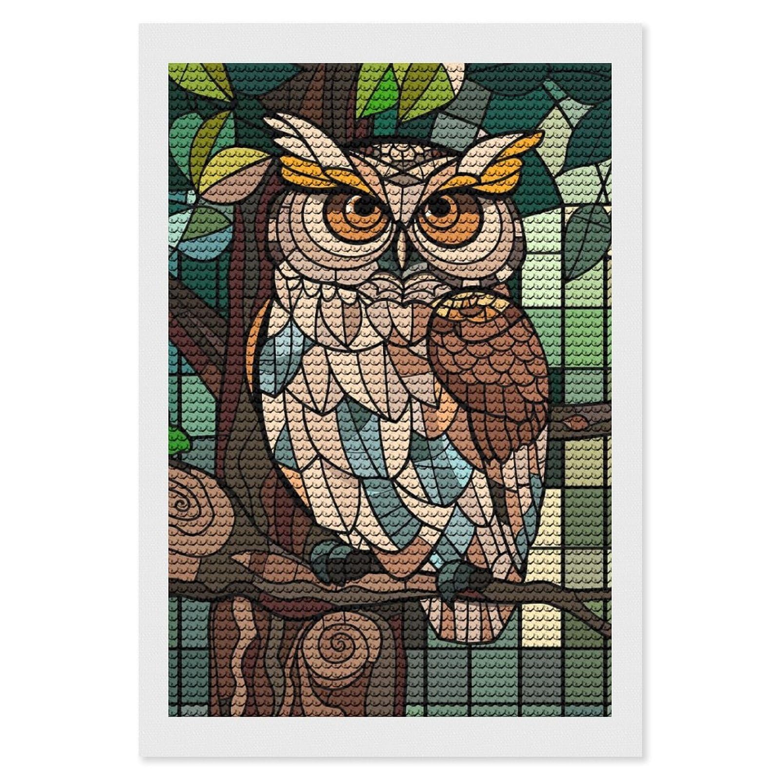 Junmoney Stained Glass Owl on A Branch Diamond Painting Canvas Kit 8"x12", Adhesive Canvas, Living Room Decor, Farmhouse Decor, Winter Craft