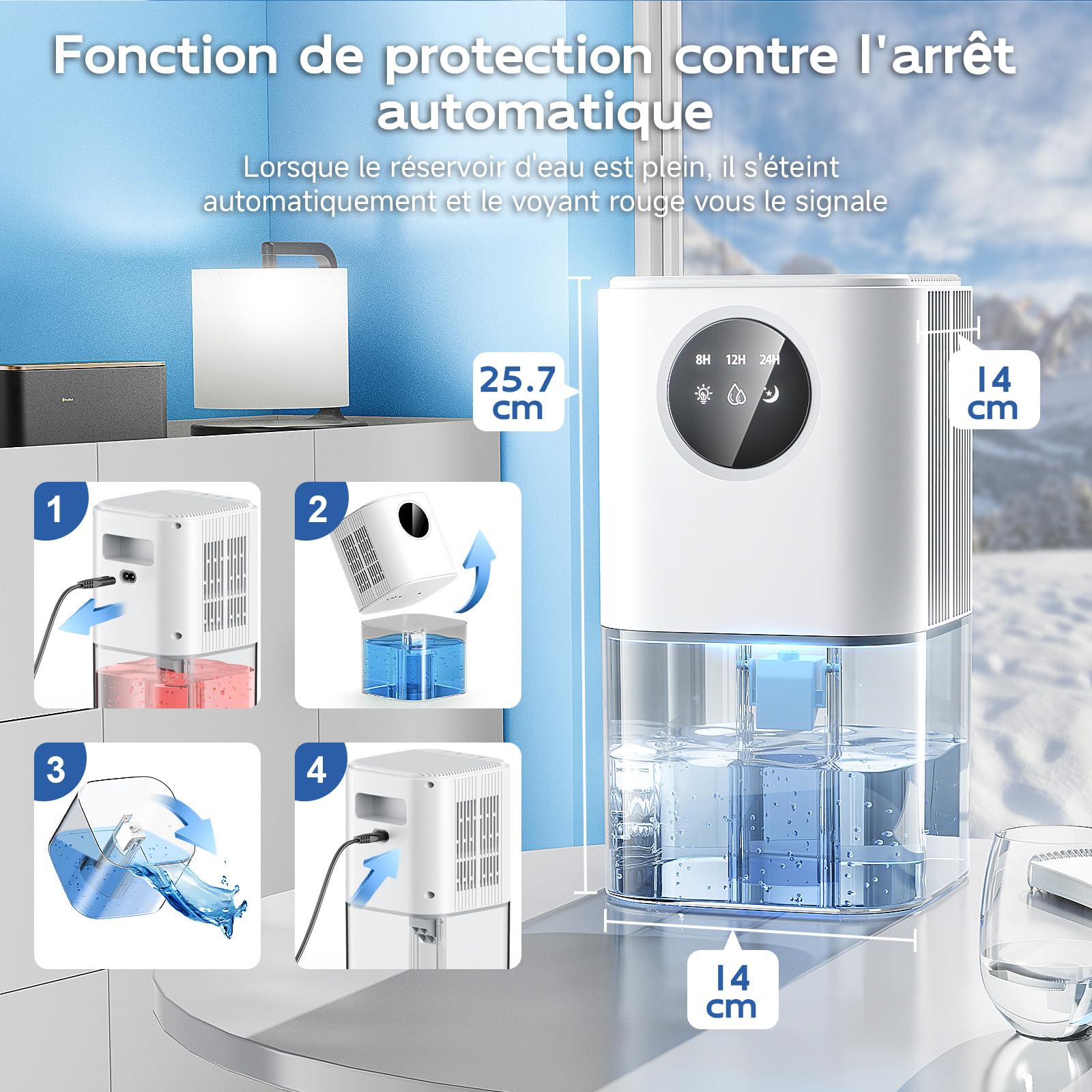 KITMOUS 1800ml Deumidificatore D'aria Ultra Silenzioso con 7 Luci Notturne Colorate e Spegnimento Automatico Assorbitore di Umidità Elettrico per Bagno Camera da Letto