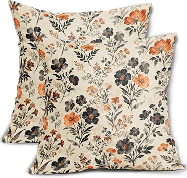 Black Orange Fall Floral Pillow Covers 18x18 Inch Set of 2 Vintage Flowers Print Autumn Halloween Decorative Throw Pillowcases Holiday Outdoor Cushion Cases Farmhouse Decor for Sofa Couch Bed