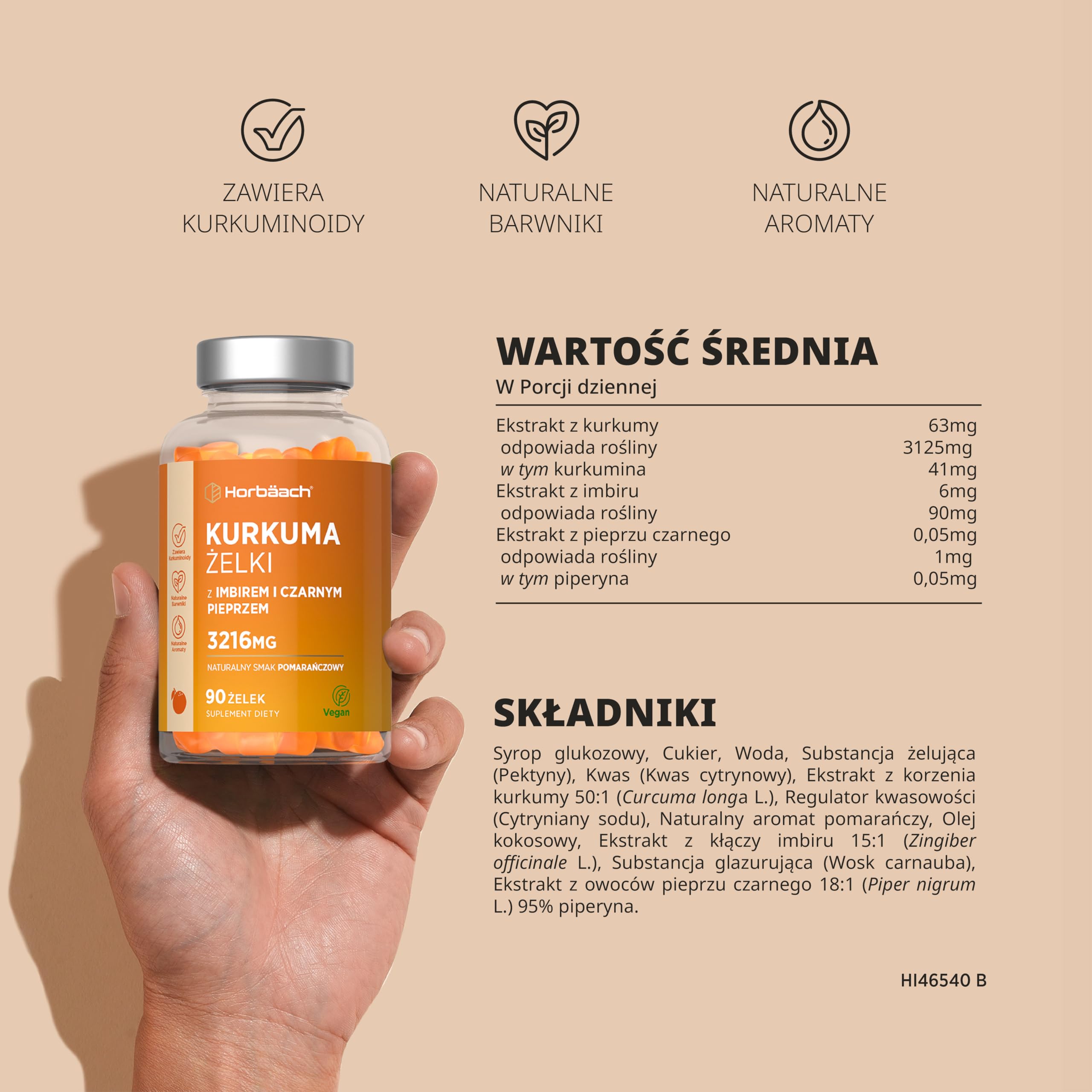 Kurkuma z Imbirem i Pipeprzem Żelki 3216mg | Pyszny Naturalny Smak Pomarańczy | Suplement z Kurkuminą o Wysokiej Mocy | 60 Wegańskich Żelków | marki Horbaach