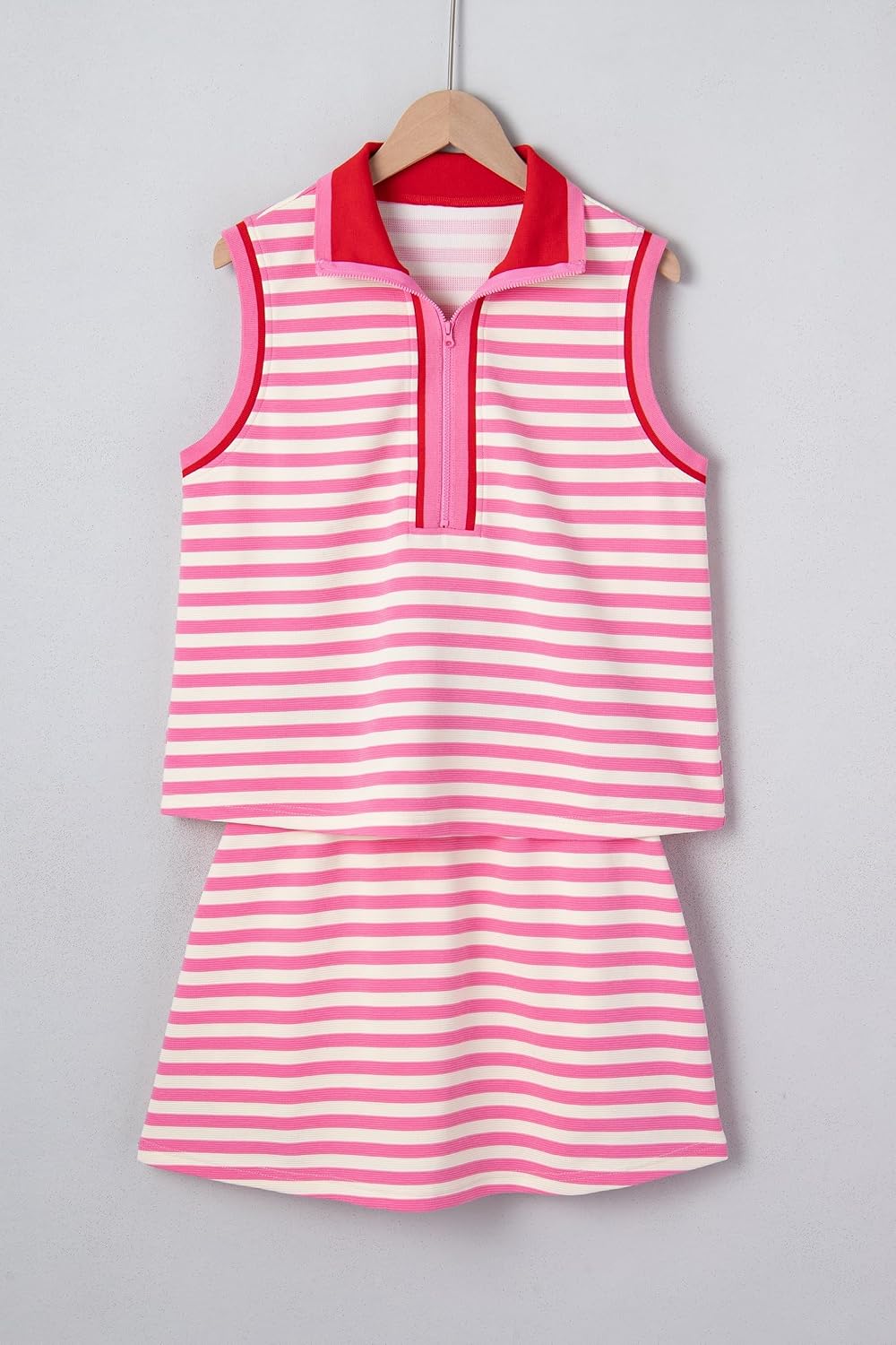 wihnsinop Sachet Pink Textured Stripe Print Contrast Trim Zip Collar Sleeveless 2pcs Skort Set 2026 Summer Outfits for Women