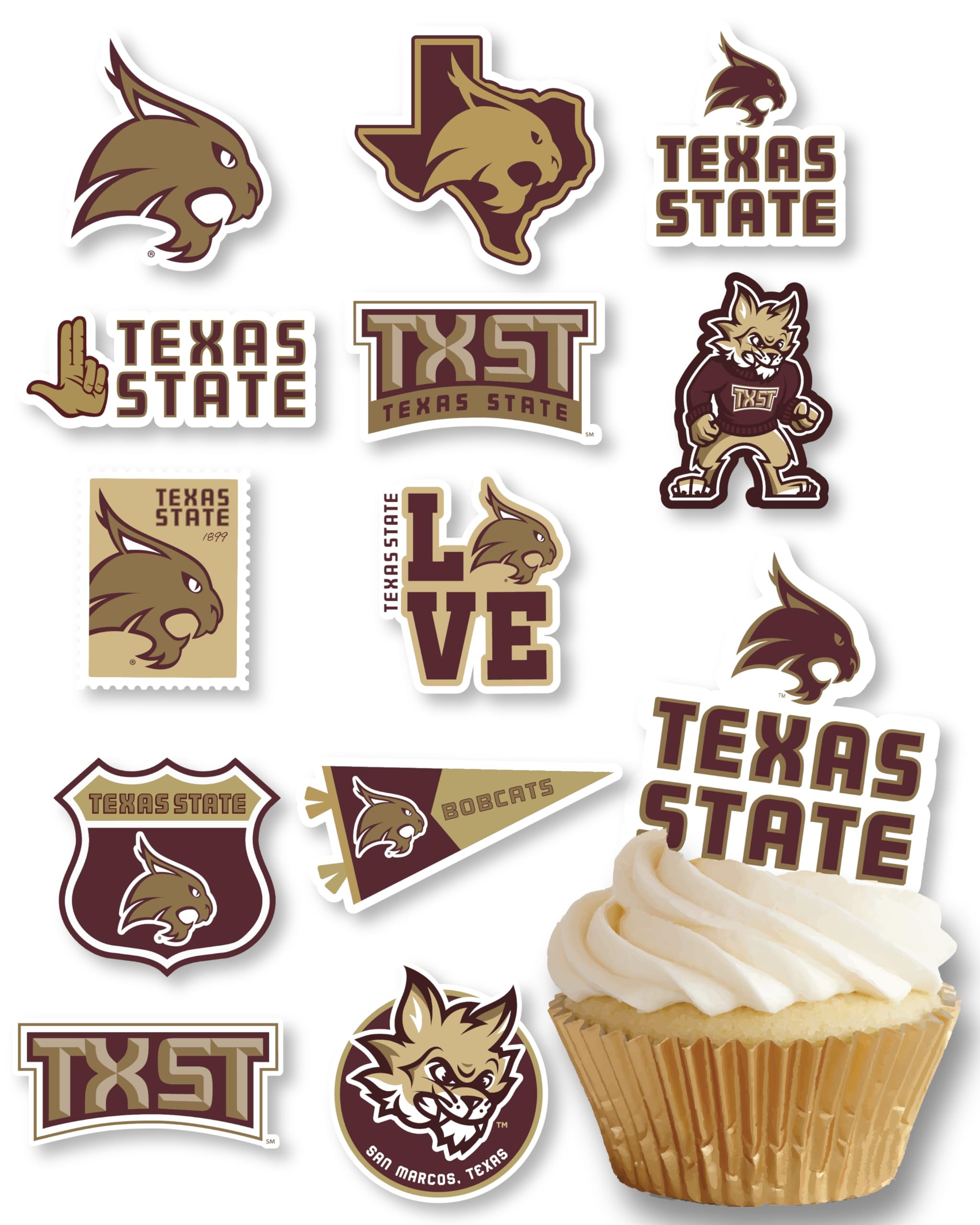 Texas State Cupcake Topper Party Supplies for TXST Football, Birthday, Graduation Party Decorations (24 Pieces) (Texas State Bobcats)