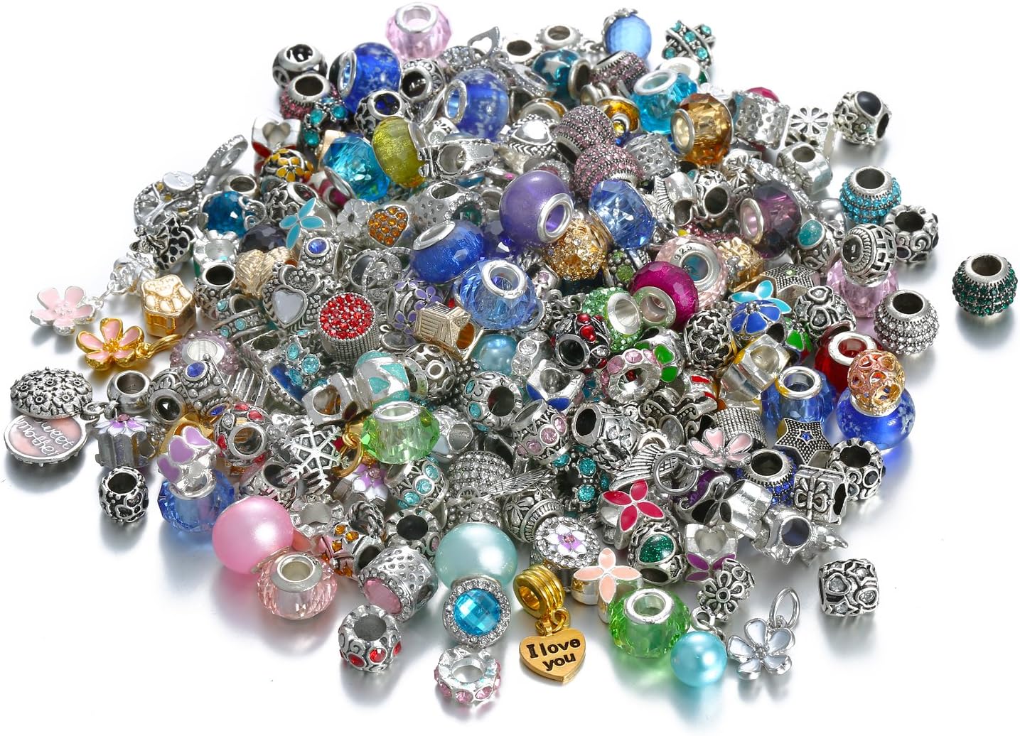 Assorted Silver Tone Charms Rhinestones Bead Charms Murano Glass Beads and Spacers Pack of 50